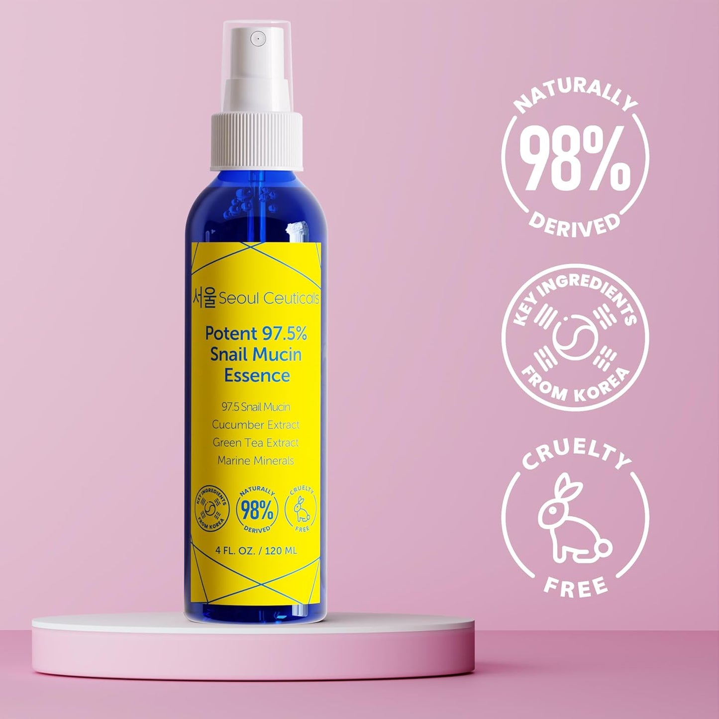 SeoulCeuticals Korean Face Mist 97.5% Snail Mucin Essence - K Beauty Skincare Facial Spray - Cucumber Extract + Marine Minerals + Green Tea + Aloe 4oz