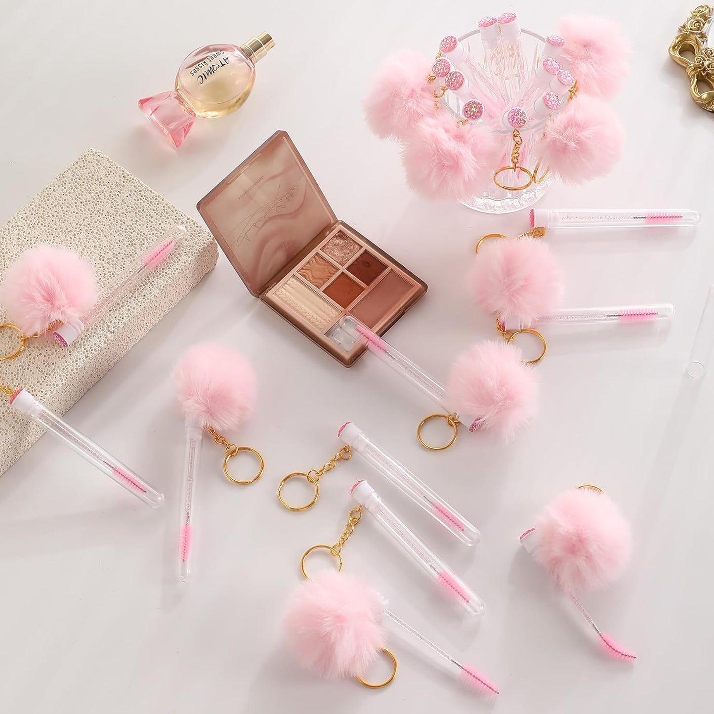 Upgrade 48 Pieces Disposable Mascara Wands Set,Include 24 Pcs Crystal Lash Spoolies Brush and 24 Pcs Reusable Keychain Empty Eyelash Brush Tubes