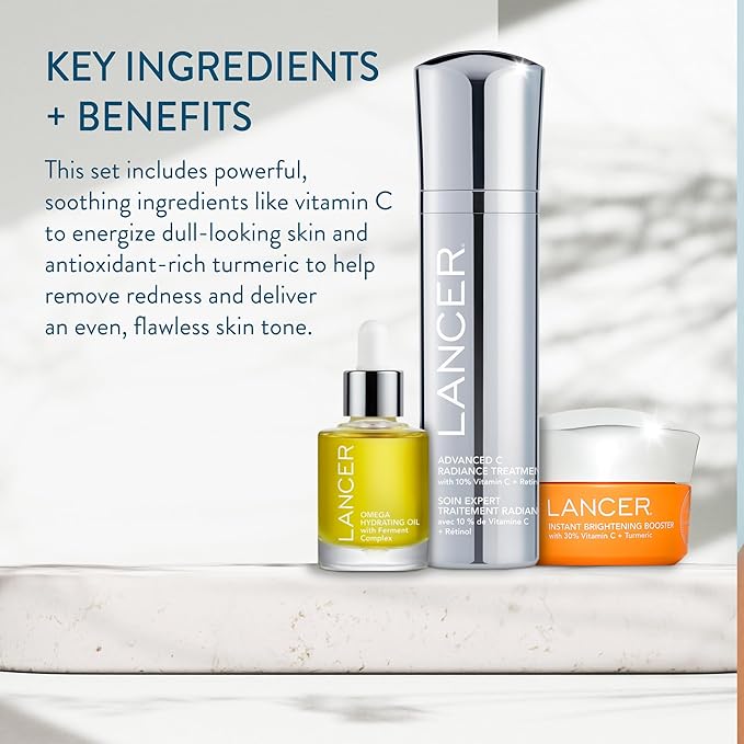 Lancer Skincare Bright & Radiant 3-Piece Set with Instant Brightening Booster, Omega Hydrating Oil, and Advanced C Radiance Treatment for Glowing Skin