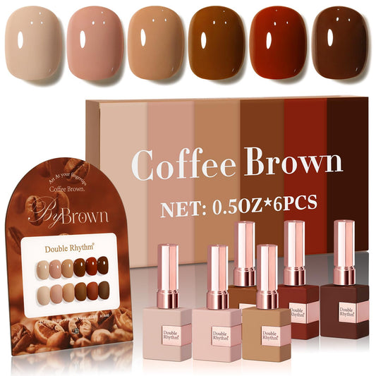 Double Rhythm 6 Pcs 15 ML Gel Polish Set Same Color Same Bottle Soak Off Gel Polish Kit Nail Art Manicure Salon DIY at Home for Women (Coffee Brown Nude Red Beige Pink-T6-5)