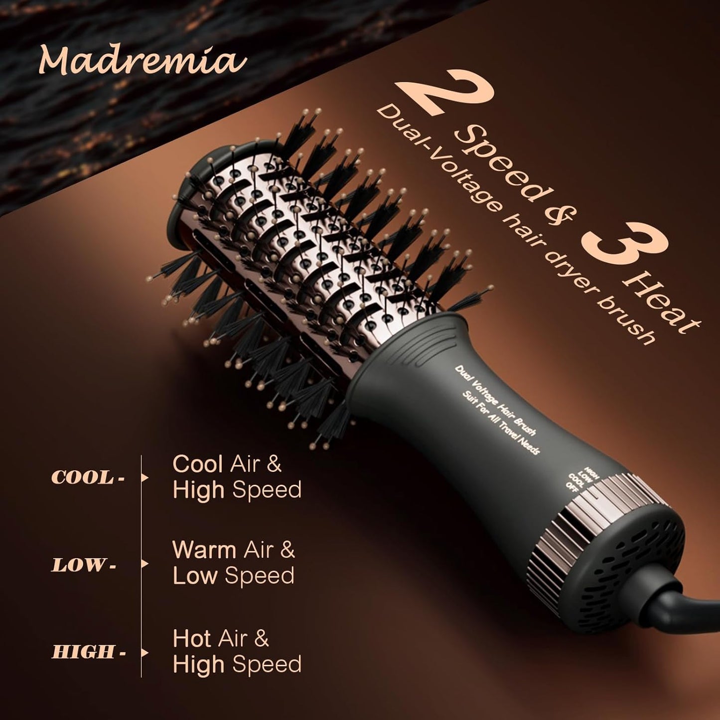 Travel Dual Voltage Blow Hair Dryer Brush 4-IN-1 Portable Mini Hot Air Dryer Straightener & Curler Brush, Titanium 2-Inch Blowout Styler Volumizer Tool, 110/240V US/EU/UK Plug for International Travel