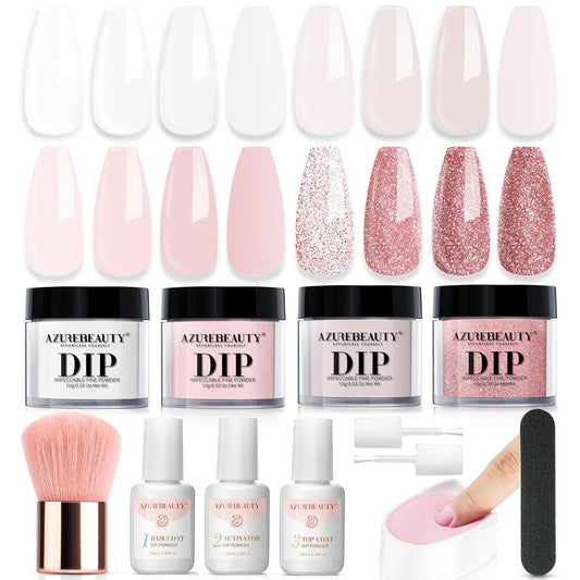 AZUREBEAUTY Dip Powder Nail Kit,4 Colors Nude Pink Glitter Hues,Starter Set for French Nails & All Seasons,Includes Base Coat, Top Coat, Activator & DIY Salon Liquids