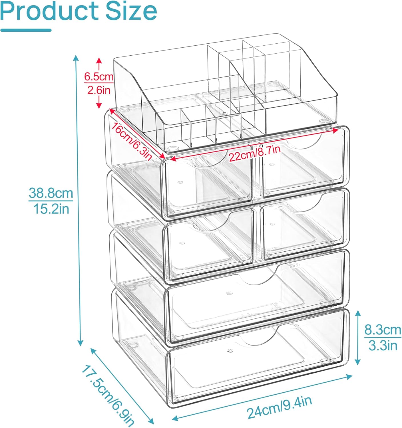 Vtopmart 5 Tier Clear Makeup Organizer with Drawer, Cosmetic Storage for Dresser Countertop and Bathroom Vanity, Beauty Holder for Lipstick Brush Skincare