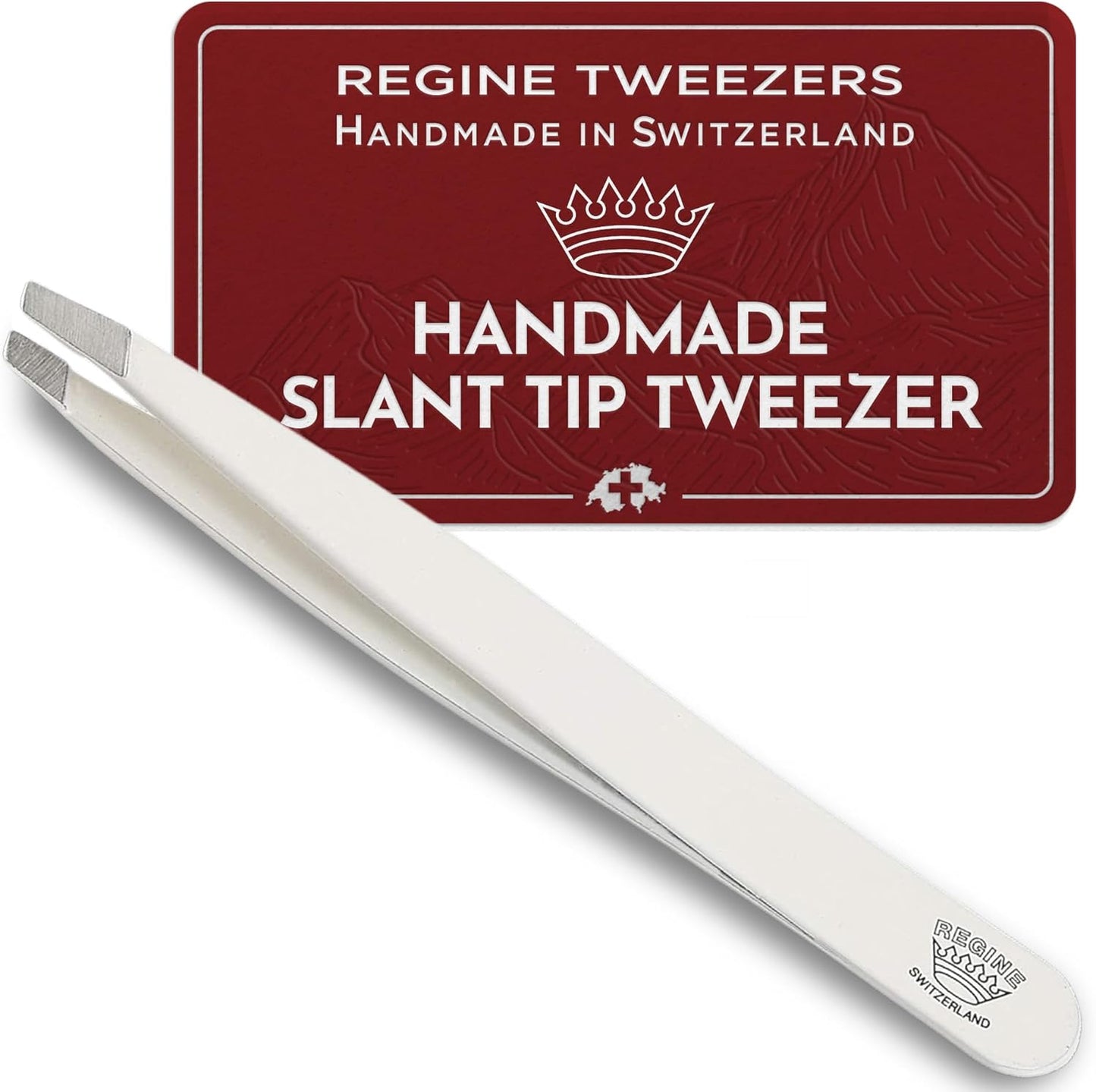 Slant Tweezer - Handmade in Switzerland - Professional Eyebrow & Facial Hair Remover - Etched Interior Grabs Hair from The Root - Perfectly Aligned Tips - Stainless Steel, White
