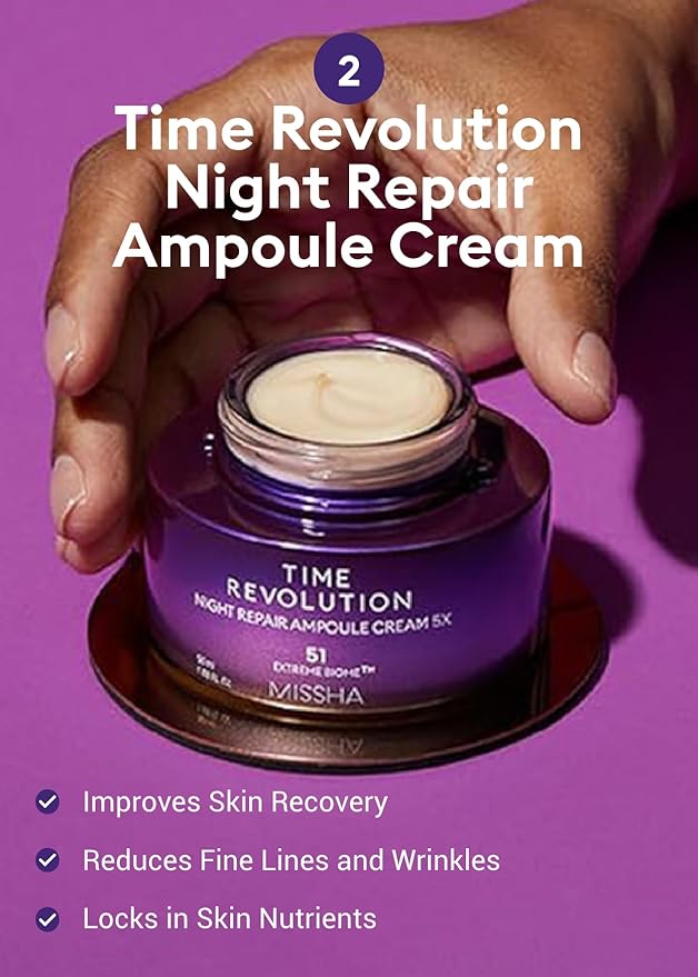 MISSHA Time Revolution Night Repair 5X Gift Set Night Repair Ampoule and Cream 5X, The First Essence 5X for Youthful, Glowing Skin