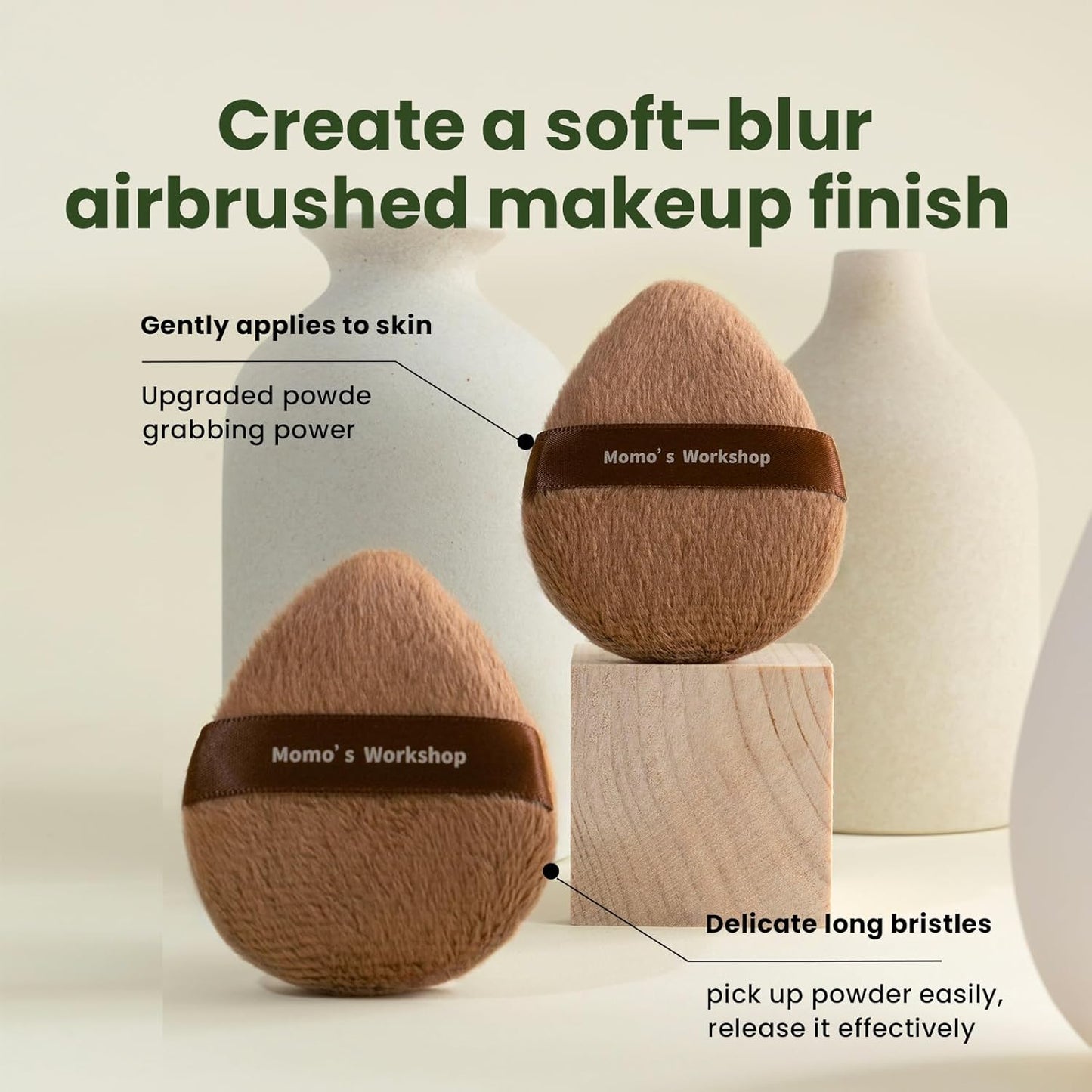 Momo's Workshop Long Fluffy Brown Egg-Shaped Powder Puff,Large Coverage, Even Powder Application, Soft Blurring Finish for Loose&Pressed Powder,Blush,Makeup Puff Applicator with Storage case,2pcs