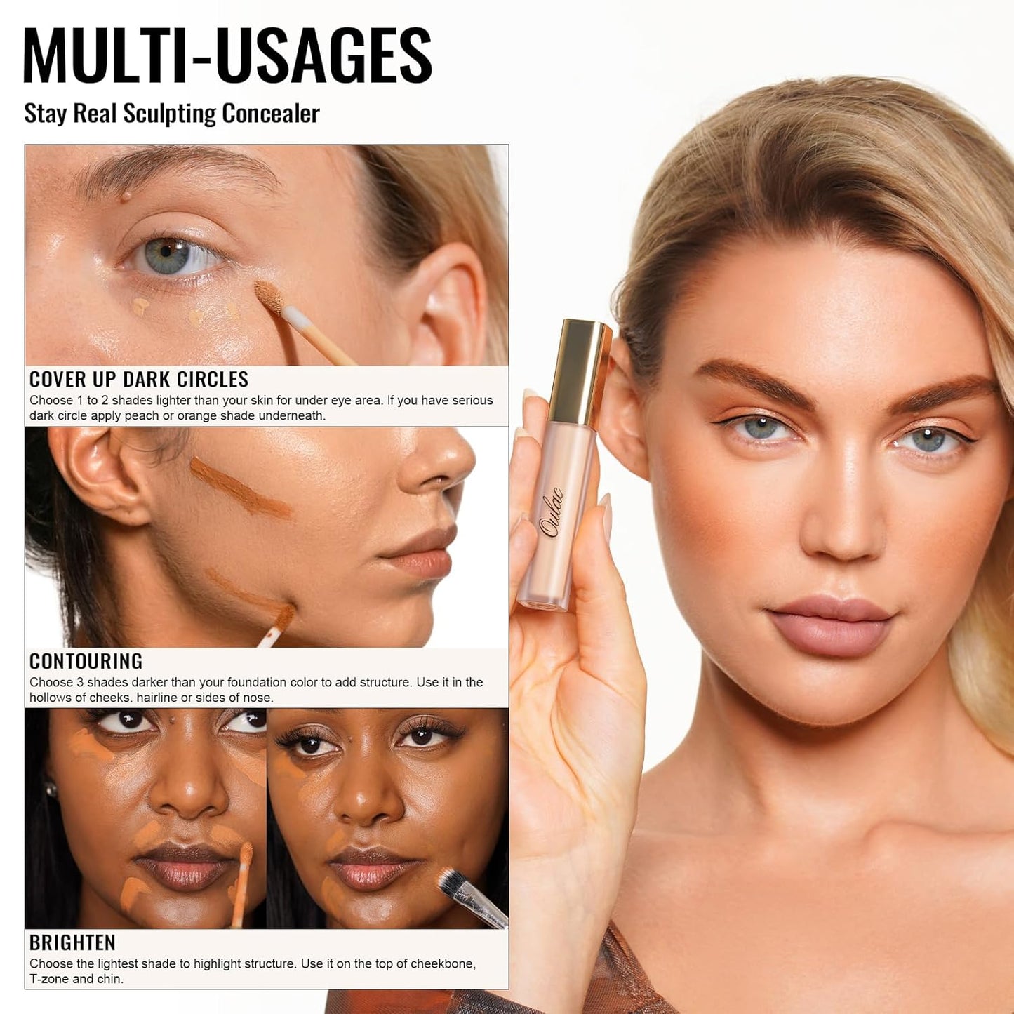 Oulac Concealer Full Coverage, Concealer Stick for Dark Circles, Hydrating Concealer Infused with Hyaluronic Acid, Lightweight, Long Lasting, Vegan Concealer 3.8ml, Shade: W8 Toffee