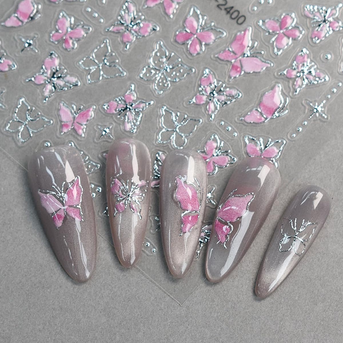5D Butterfly Nail Stickers 6 Sheets Embossed Butterfly Nail Decals Pink Purple Self Adhesive Nail Art Stickers for Gel/Acrylic Nails, DIY Gift, Women Manicure Decorations