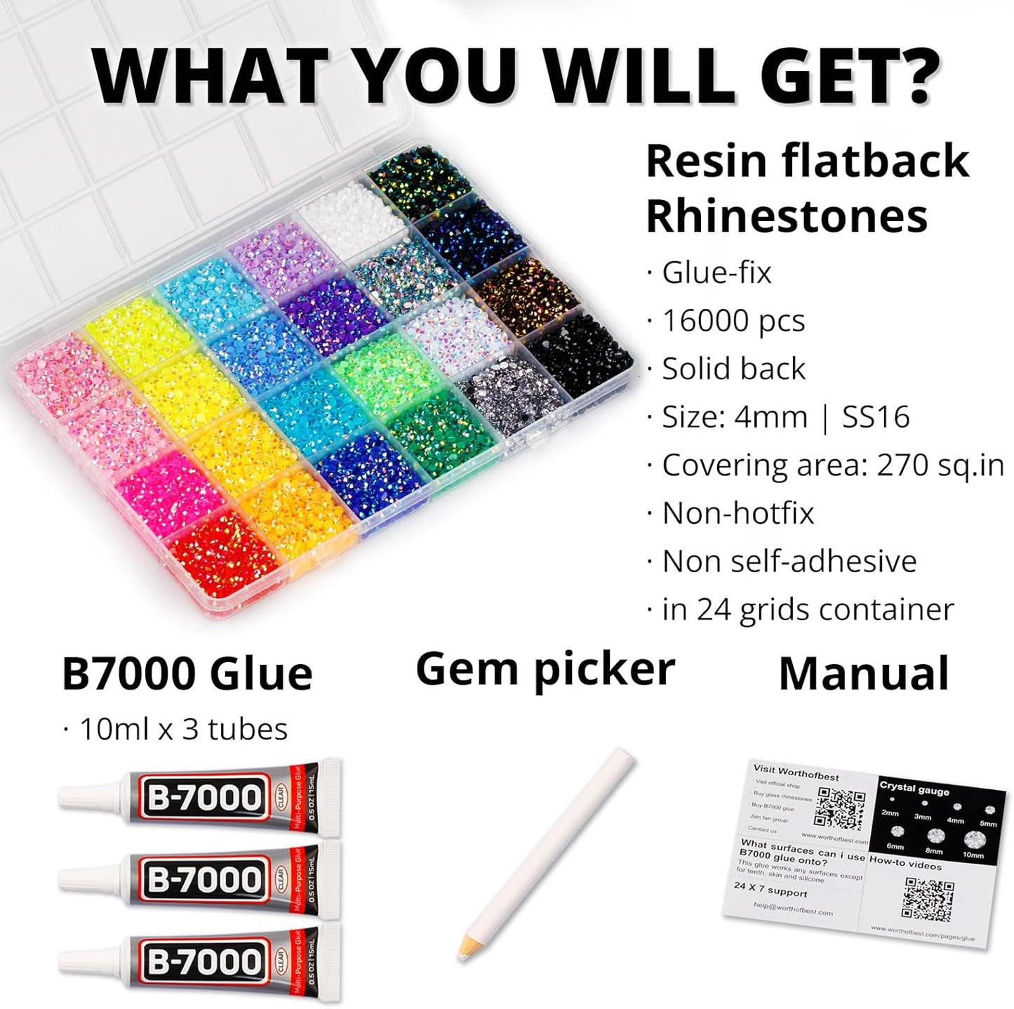 16000Pcs Resin Jelly Rhinestones for Bedazzling Crafting, Multi Colored 4mm Flatback Gems for Clothing Crafts Shoes t Shirts, Flat Back Assorted Color Bedazzled Jewels Crystals with 3X10ml b 7000 Glue