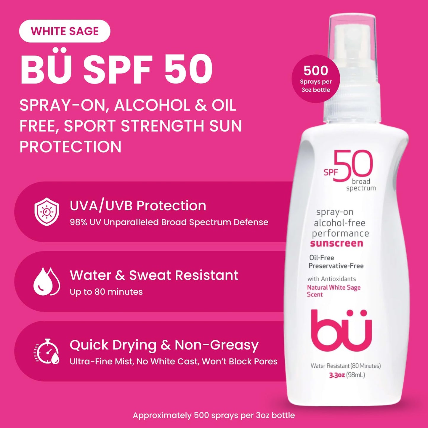 BU Sunscreen SPF 50, Fragrance Free & White Sage, 3.3 oz Sunscreen Spray for Face & Body Duo– Broad Spectrum, Water Resistant