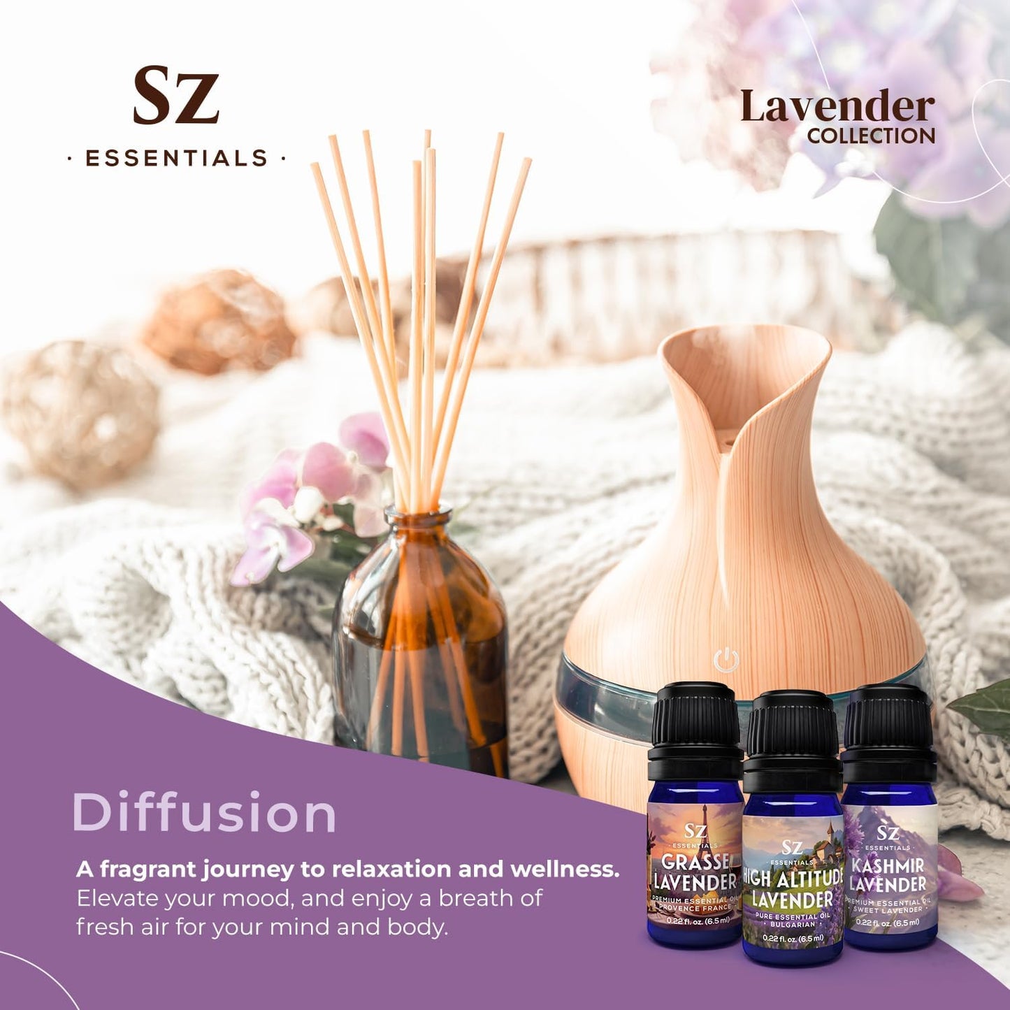 Lavender Essential Oils Collection - Grasse Lavender + High Altitude + Kashmir - Set of 3 Bottles (0.22 Fl Oz - 6.5ml Each)- 100% Pure, Natural & Undiluted - Therapeutic Grade & Vegan