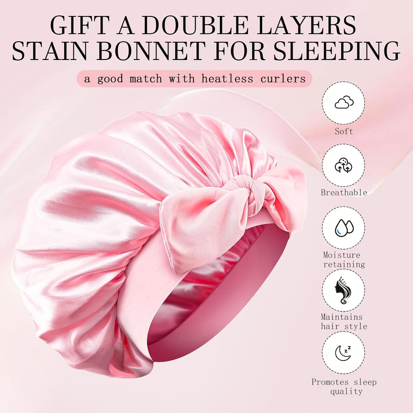 Heatless Hair Curler and Double Layer Satin Bonnet Set for Overnight Curls - No Heat Curling Rod with silk Bonnet, Sleep-In Safe for Long/Medium Hair, Frizz-Free Waves & Volume(Pink)