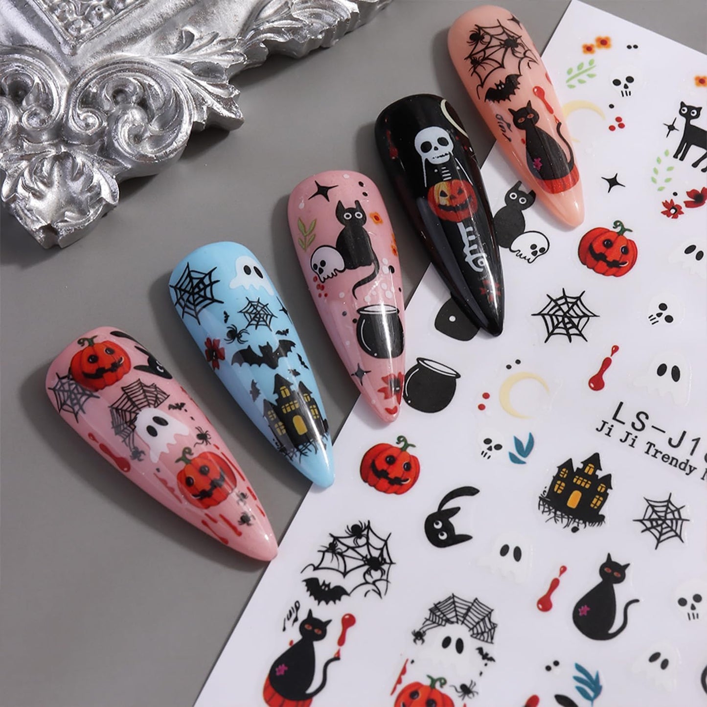 Halloween Nail Stickers for Nail Art Cute Ghost Black Cat Pumpkin Blood Eyeball 3D Self-Adhesive Nail Decals Nail Art Supplies Nails Design Manicure Stickers for Nails Decoration 6Sheets