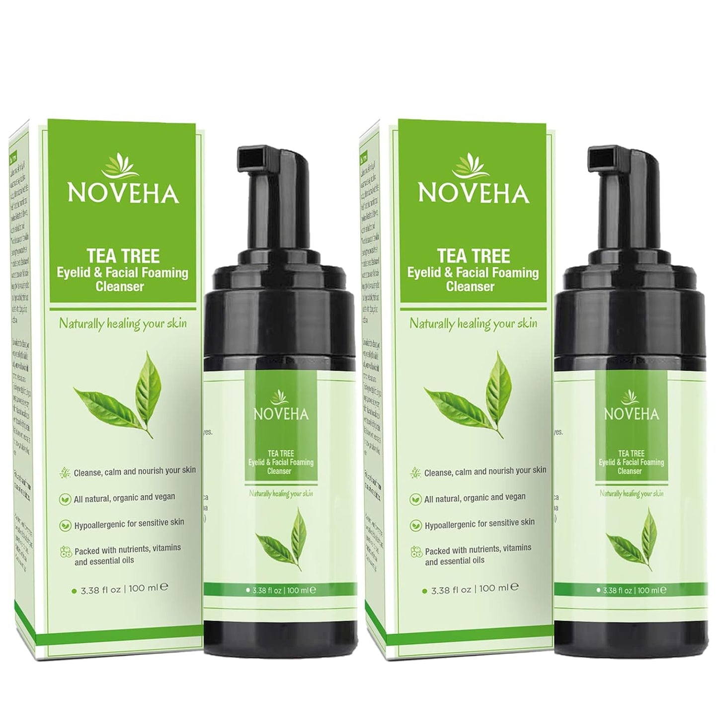 NOVEHA Tea Tree Oil Foaming Cleanser - Therapeutic Daily Skincare For For Eyelash & lids, MGD, Stye Eyes, Skin Dryness, Moisturize with Organic Ingredients, For All Skin Types (2 Pack)