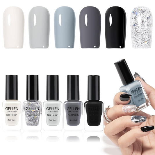 GELLEN Black White Gray Nail Polish Set, Quick Dry Natural Traditional Regular Nail Polish Fall Winter 6 Colors for Fingernails Toe Nails Home Salon, Not UV Gel, Hema Free, Toxin Free