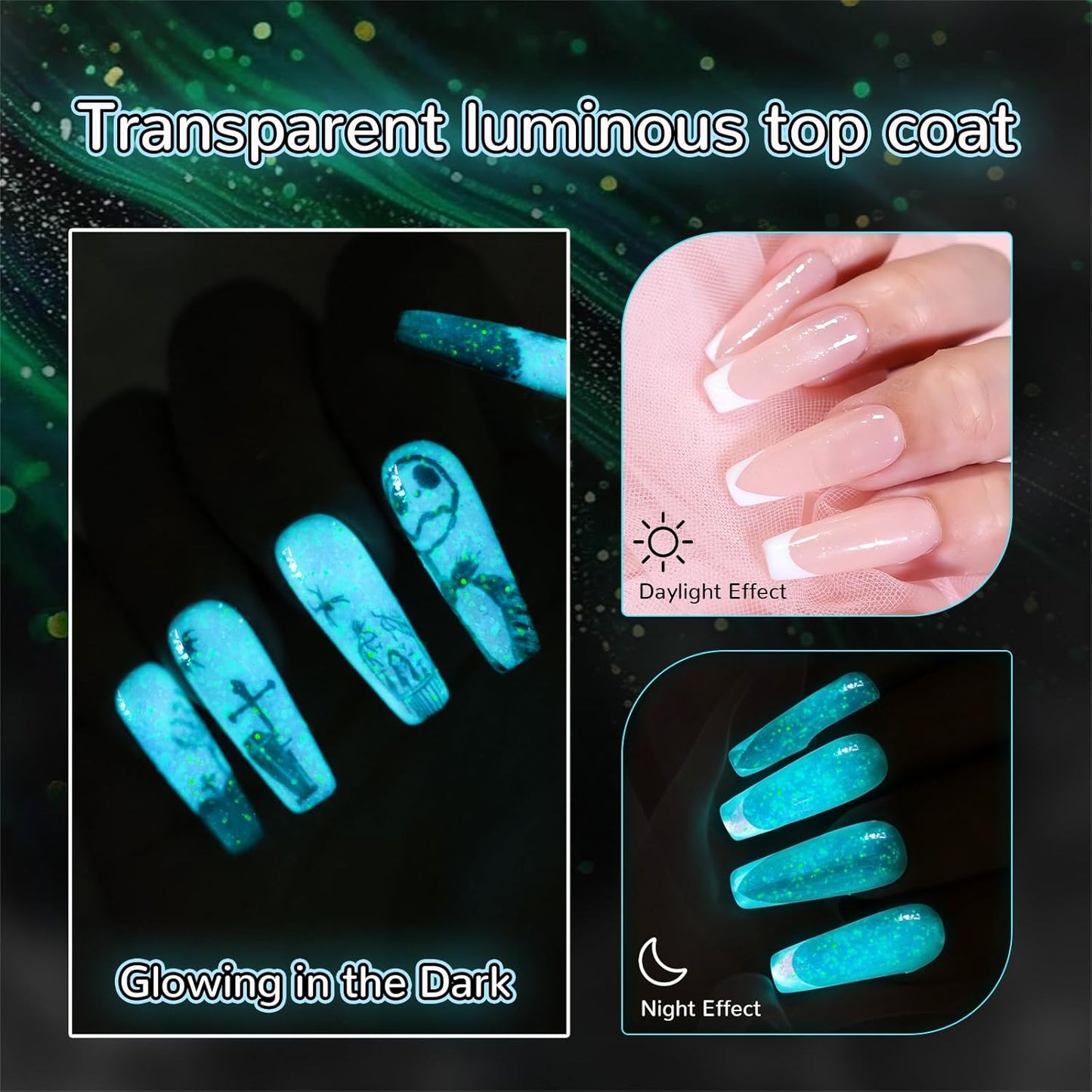 Glow In The Dark Gel Polish - Glitter Luminous Blue Nail Gel Top Coat with Fine glitter decoration No Wipe Long-lasting Transparent Glow UV LED Needed, Perfect for Any Festival Halloween