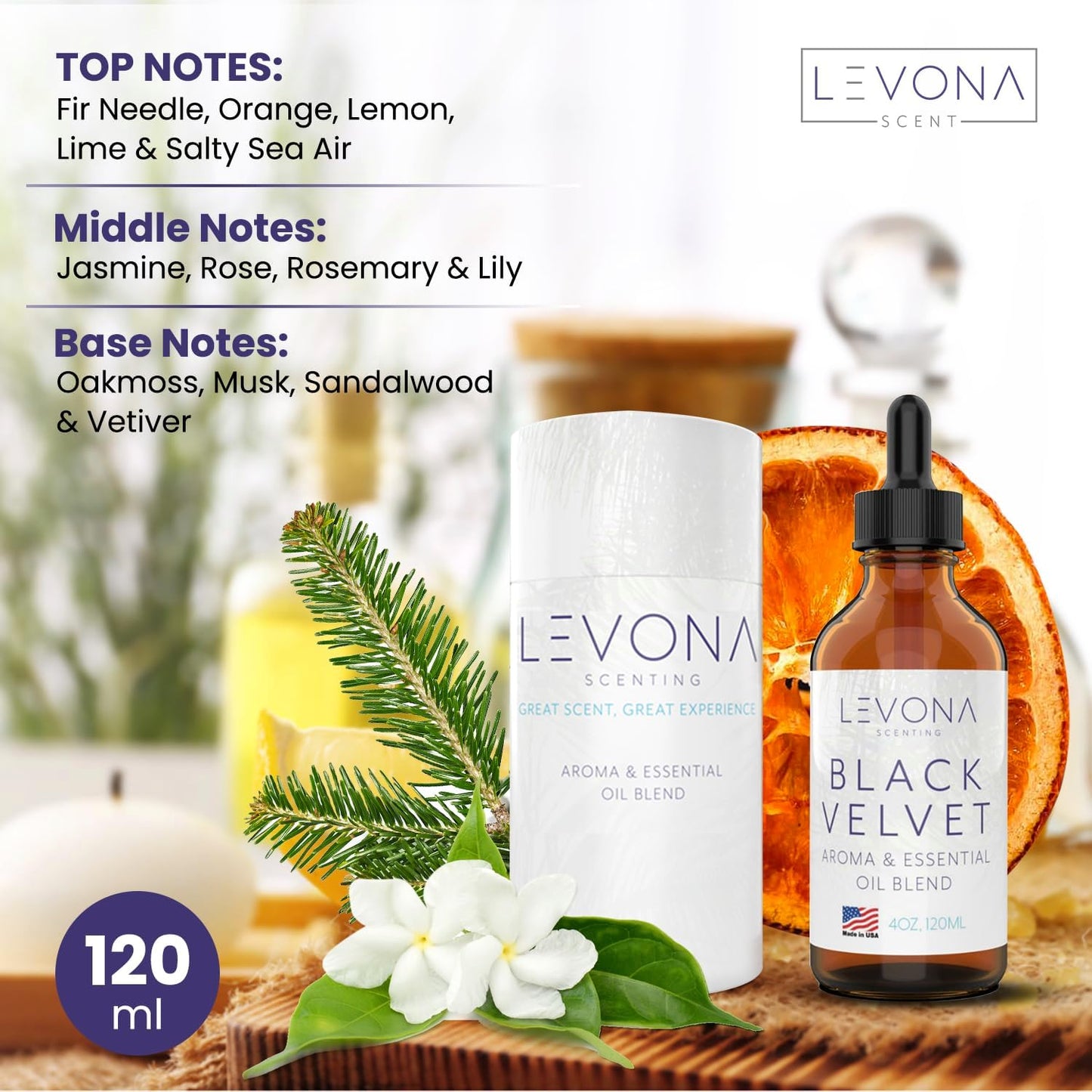 Levona Scents Oil Diffuser Essential Oils: Fragrance Oil for Diffuser - Black Velvette Diffuser Oils Scents - Woody Citrus with Herbal Floral Essential Oil Blends, Oakmoss, White Musk & Sandalwood
