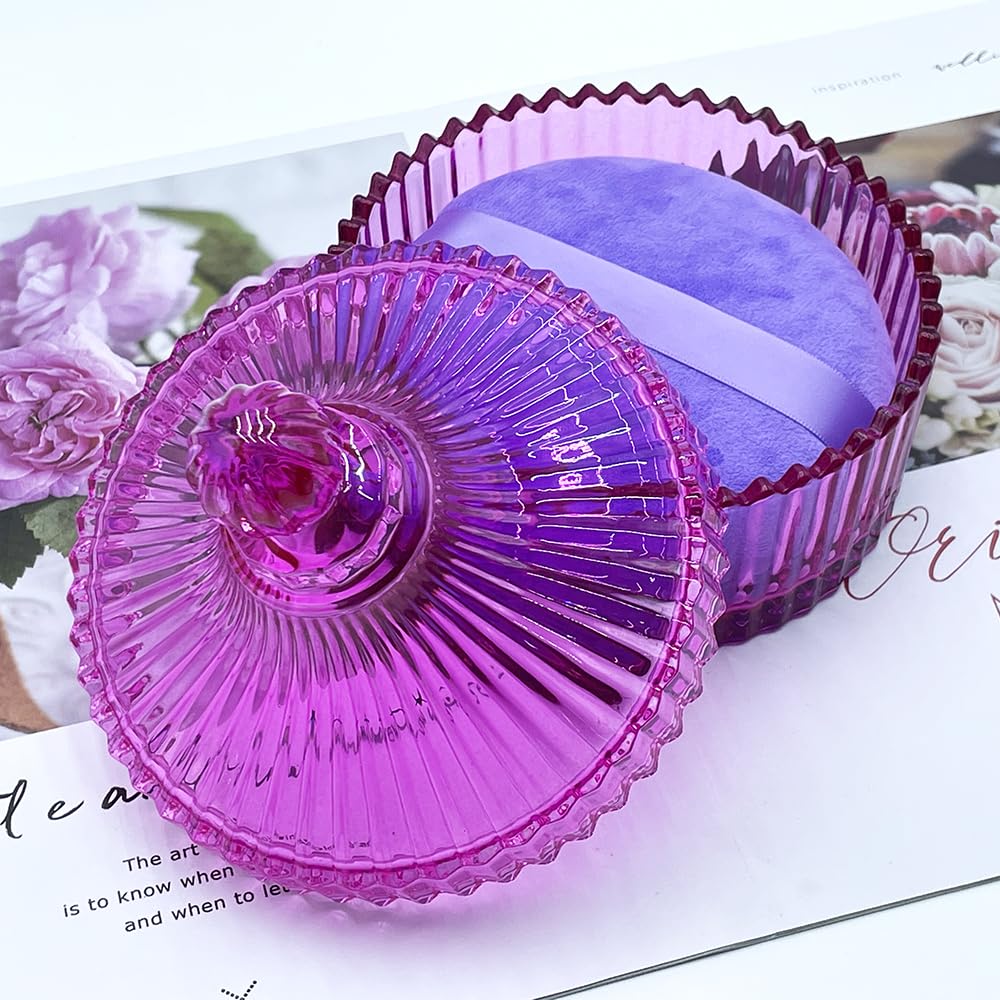 2 Pack Extra Large 5.2" Beige & Purple Powder Puffs and 5.3" Glass Container – Oversized Soft Body & Face Large Powder Puff Dusting Powder Jar Holder Case(Pink Glass)