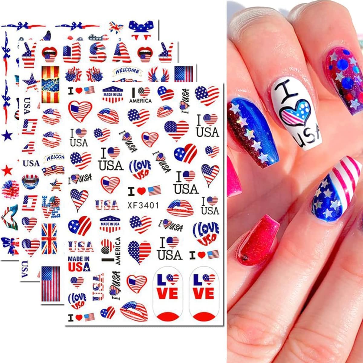 8Sheets 4th of July Nail Art Stickers Decals Red Blue White American Flag 3D Self-Adhesive Nail Decals Flame Butterfly Heart Designs Independence Day Nail Decorations DIY Nail Supplies for Women Kids