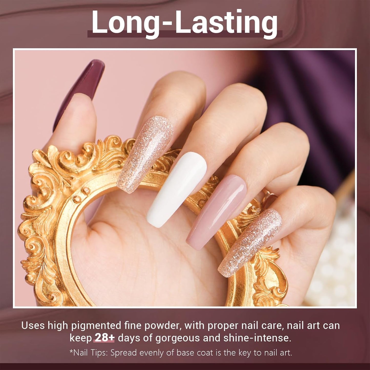 AZUREBEAUTY Dip Powder Nail Starter Kit White Mauve Glitter Champagne, Dipping Powder 4 Colors Set, French Nail Art Base Top Coat Activator Liquid Manicure DIY Salon 12 PCS