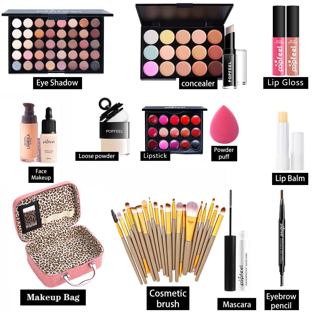 All in one makeup kit for women full kit makeup set for girls teens Eyeshadow Palette, Lip Gloss, Lipstick, Foundation, Mascara, Eyebrow Pencil, Eyeliner, Contour Stick, Powder Puff, Makeup Brushes,