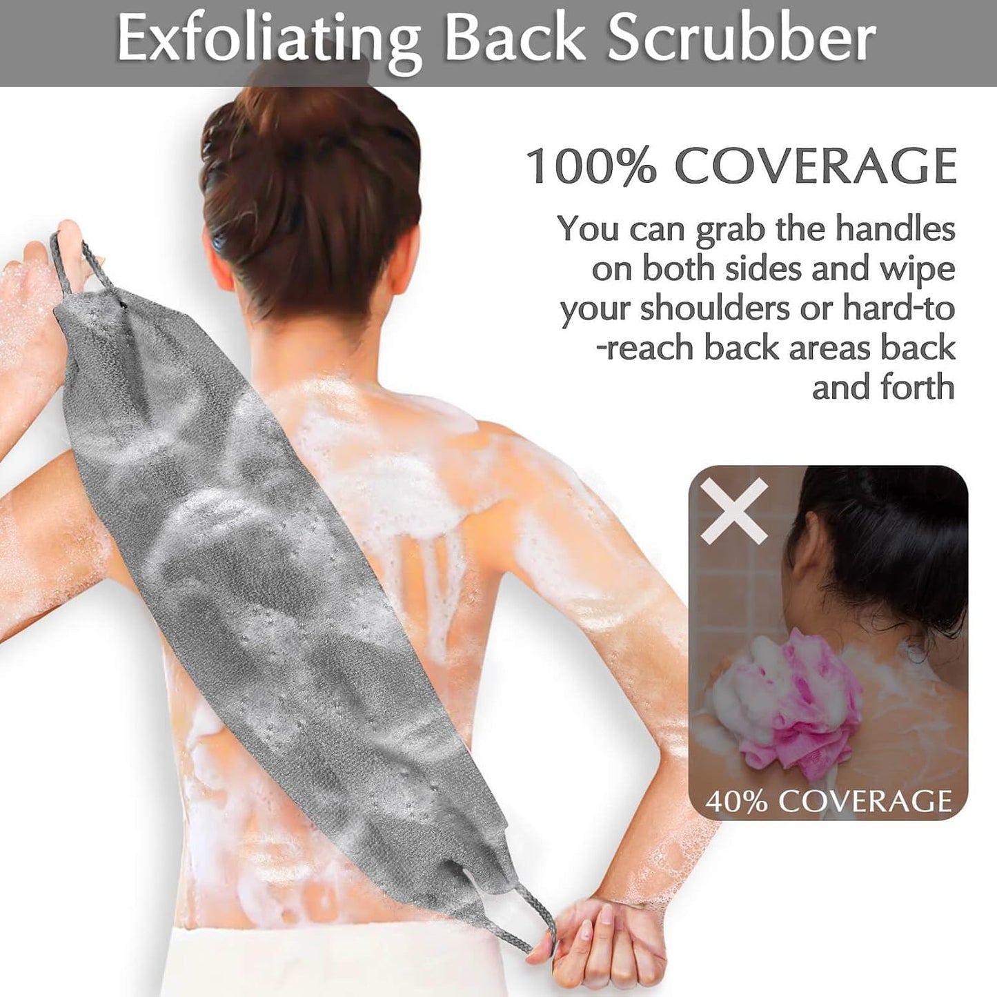 Anezus Exfoliating Back Scrubber Bath Gloves Set, Exfoliating Shower Towel with Shower Gloves for Body Scrub, Back Cleaner Wash Gloves to Remove Dead Skin (Grey)