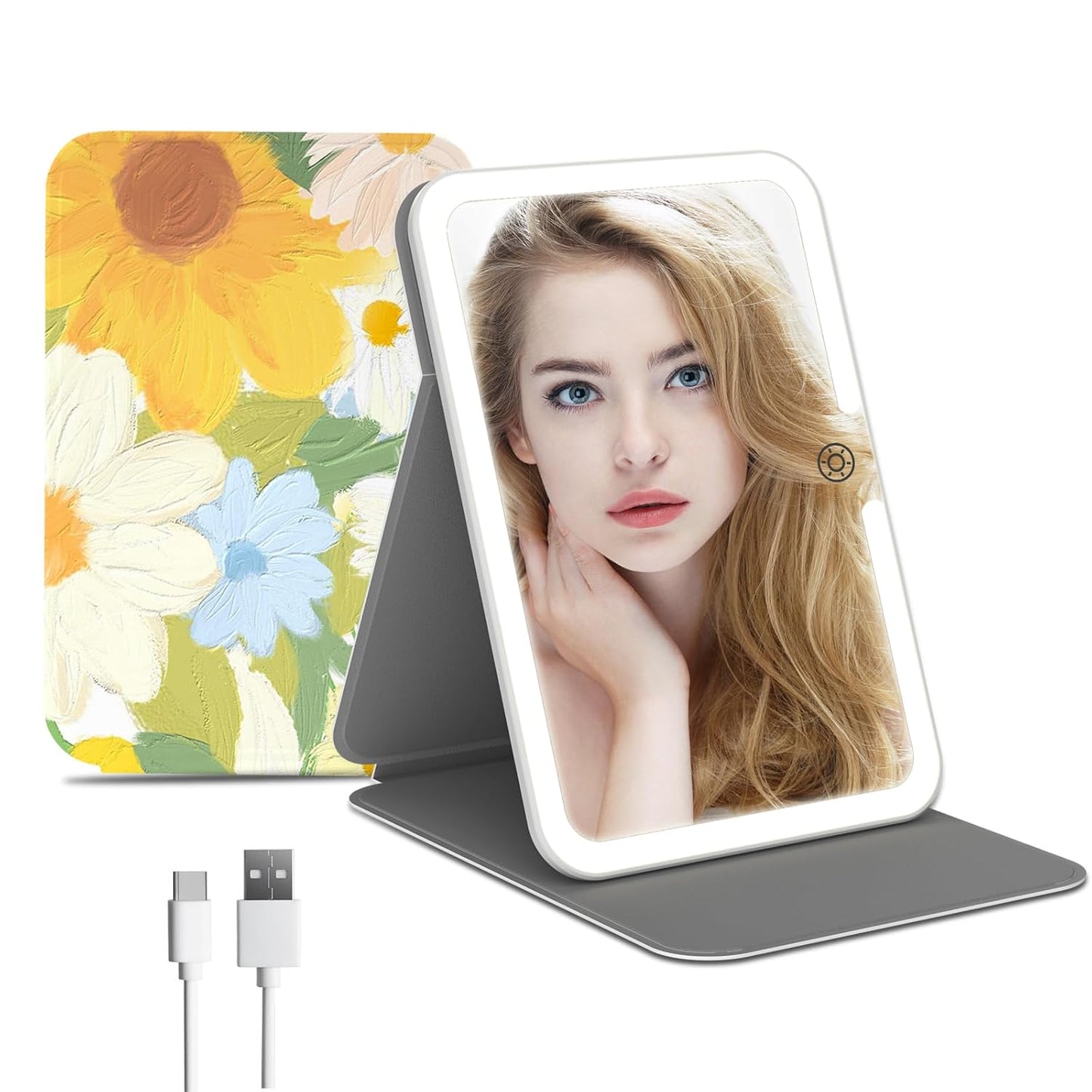 Rechargeable Travel Lighted Makeup Mirror with PU Leather Cover, Portable Travel Makeup Mirror with Lights, 3 Color Lighting,Touch Sensor Dimmable, Light Up Tabletop Cosmetic Mirror Folding Flower