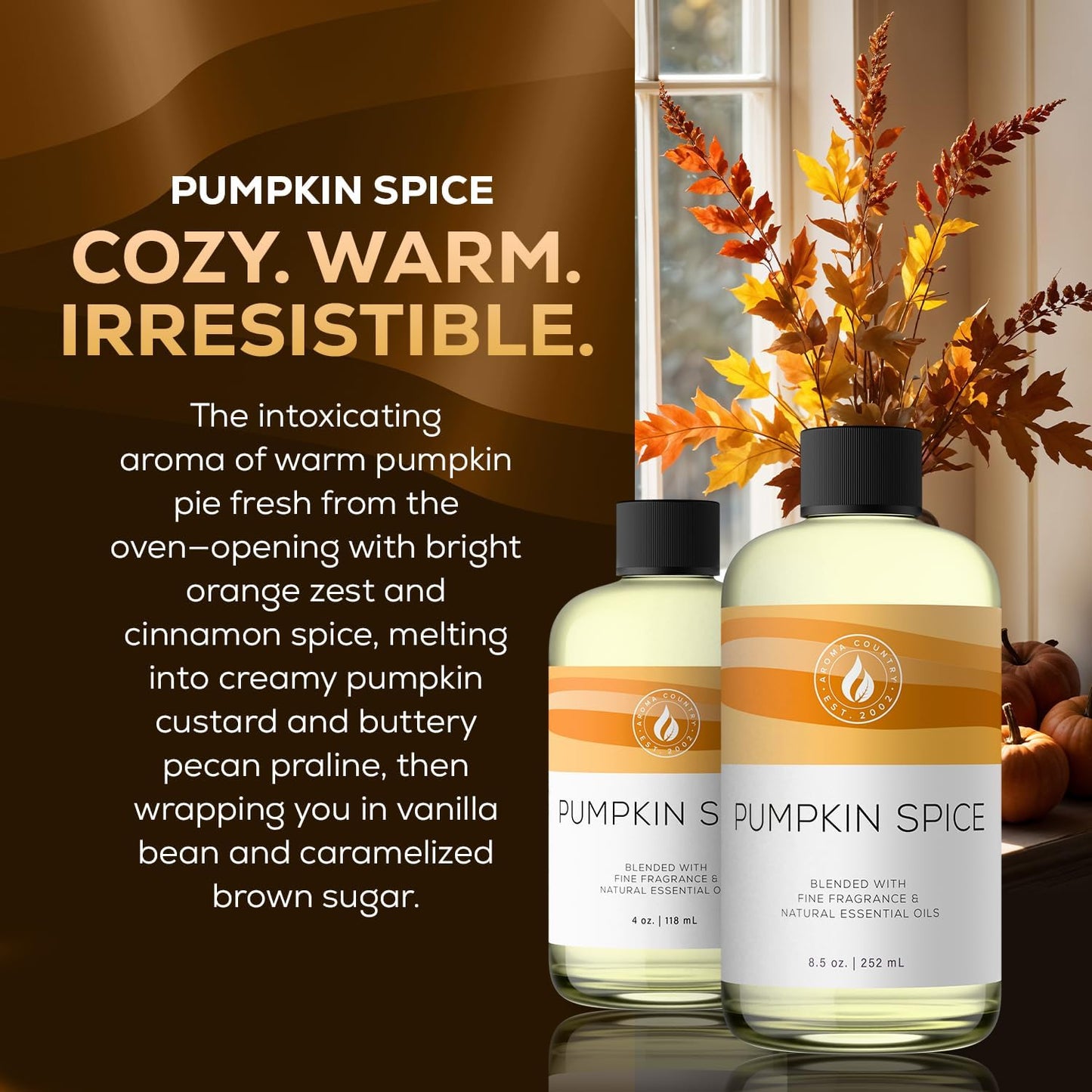 Aroma Country Pumpkin Spice Diffuser Oil - Luxury Essential Oils for Diffuser Refill & Air Freshener Room Spray, Long-Lasting, Natural Home Fragrance for Diffusers & Machines (8.5 Fl Oz)