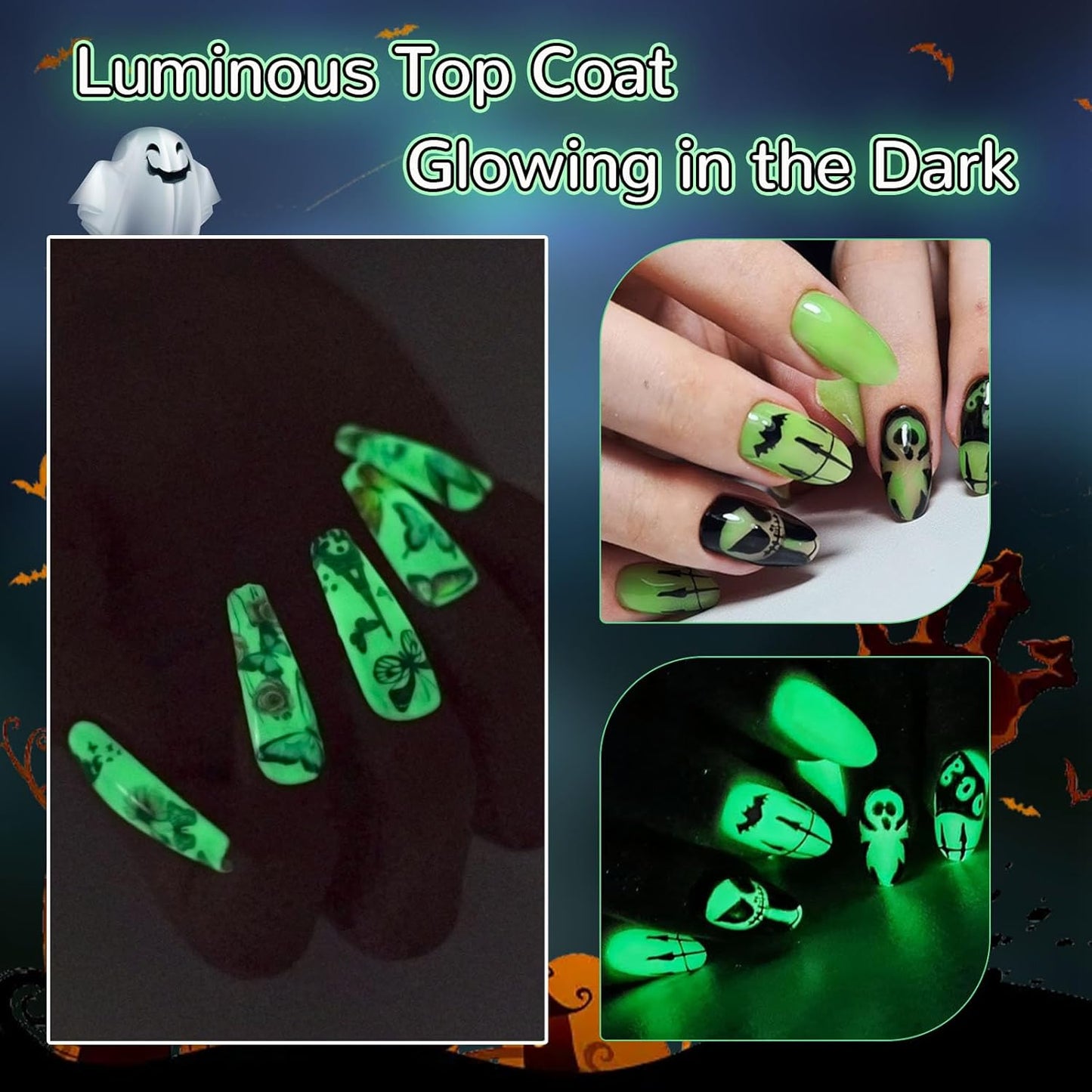 Glow In The Dark Gel, Glow Transparent Nail Top Coat, Long-lasting Luminous Nail Gel Top Coat for Nail Art, UV LED Needed Perfect with Any Colors Salon Pro DIY Home
