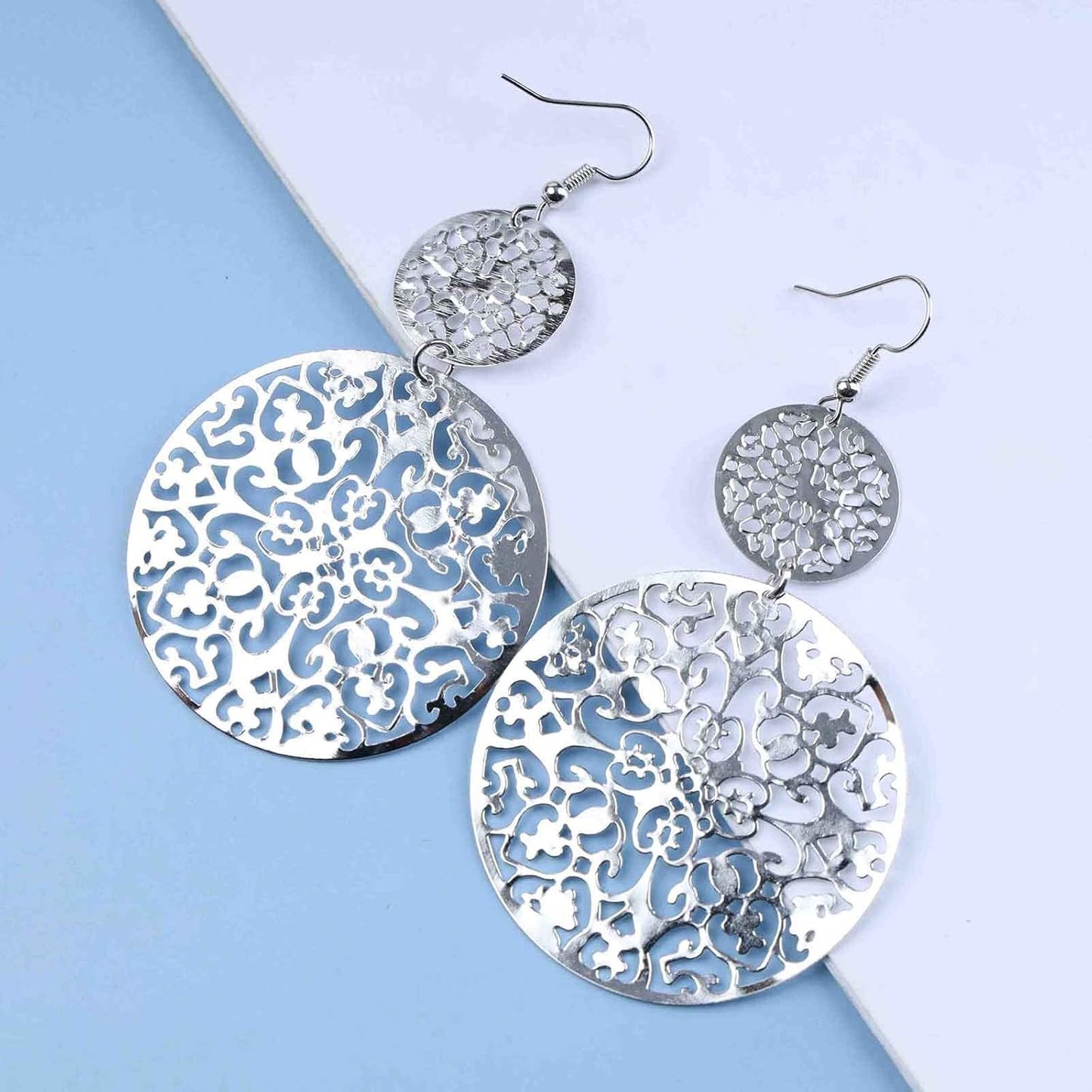 Filigree Hollow Disc Dangle Drop Earrings Boho Gold Ethnic Carved Flower Earrings Double Round Disc Drop Earrings Statement Hook Earrings Wedding Bridesmaid Jewelry for Women and Girls