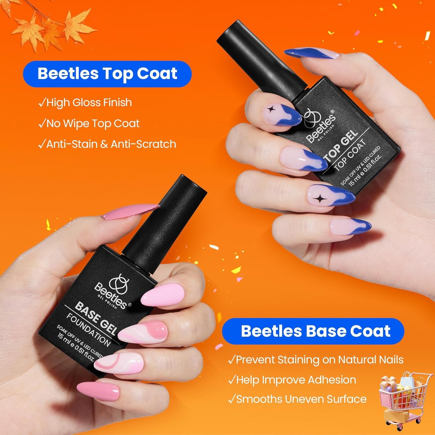 Beetles No Wipe Gel Top Coat and Base Coat Set for Gel Polish - 2Pcs 15ml Super Shiny and Long Lasting Soak Off UV/LED Lamp Needed, Halloween Fall Nail Art Design Gift