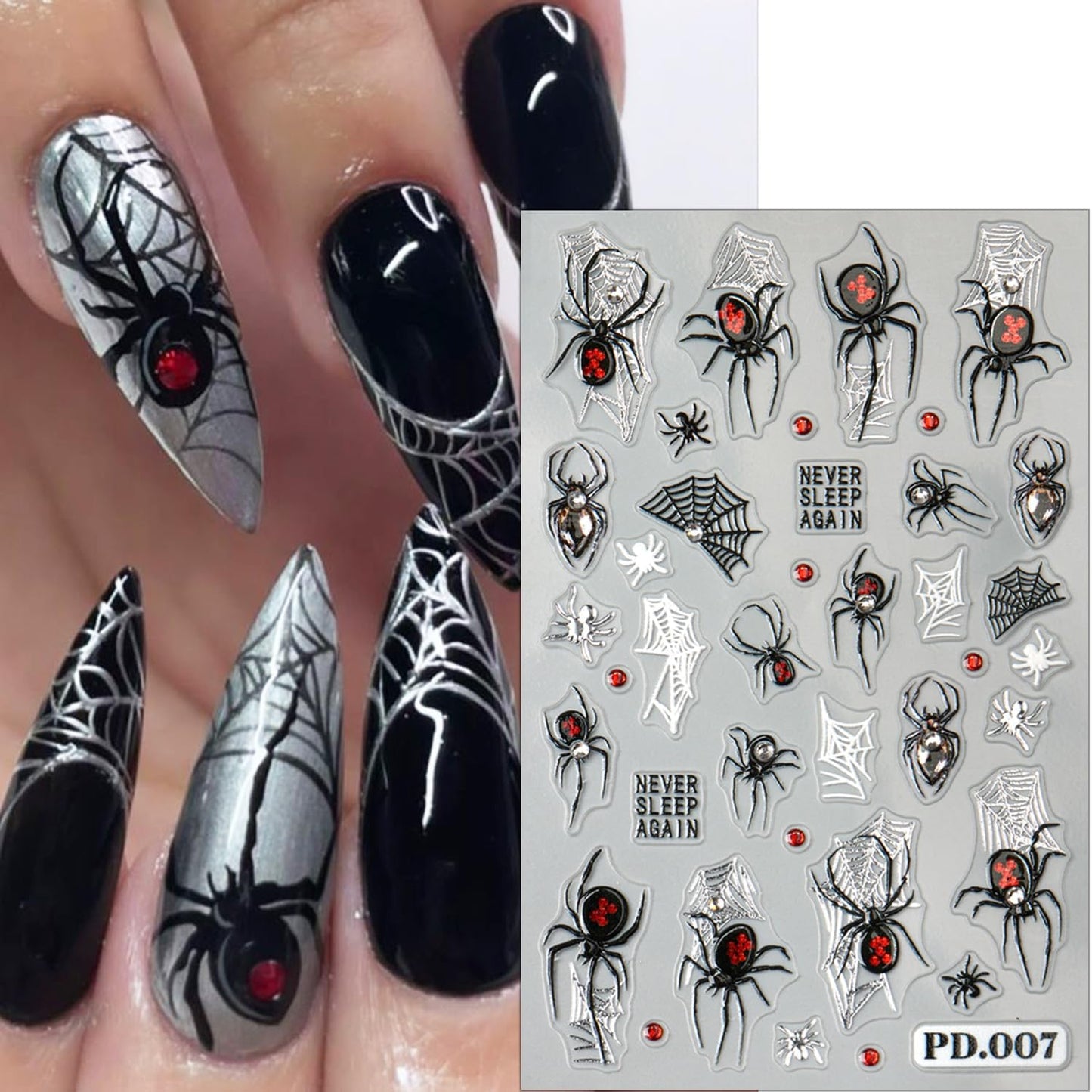 2 Sheets Spider Nail Decals for Nail Art Embossed Halloween Nail Stickers with Rhinestones Designs 5D Horror Spider Nail Art Stickers Self-Adhesive Halloween Holiday Nail Supplies for Women