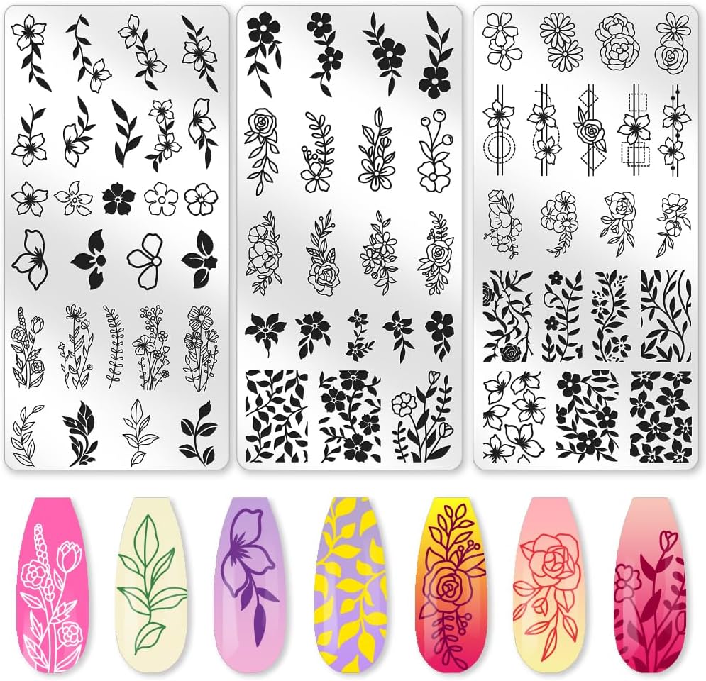 3Pcs Flower Vine Nail Stamping Plate Set Floral Leaves Rose Daisy Nail Stamp Templates Metal Reusable Tools with Stamper Scraper for Manicure Printing