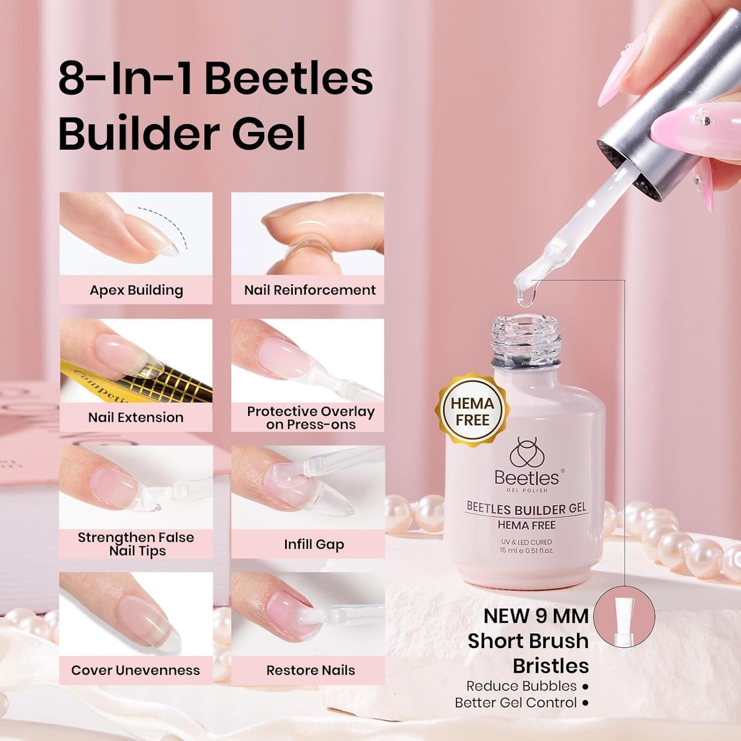 Beetles 4Pcs HEMA-Free Nail Extension Kit, 15ml Gel Nail Glue, No Wipe Top Coat, Builder Nail Gel & Liner Brush, Long Lasting for Clear Press-On Nails, DIY Home Gift for Women, U V Light Required