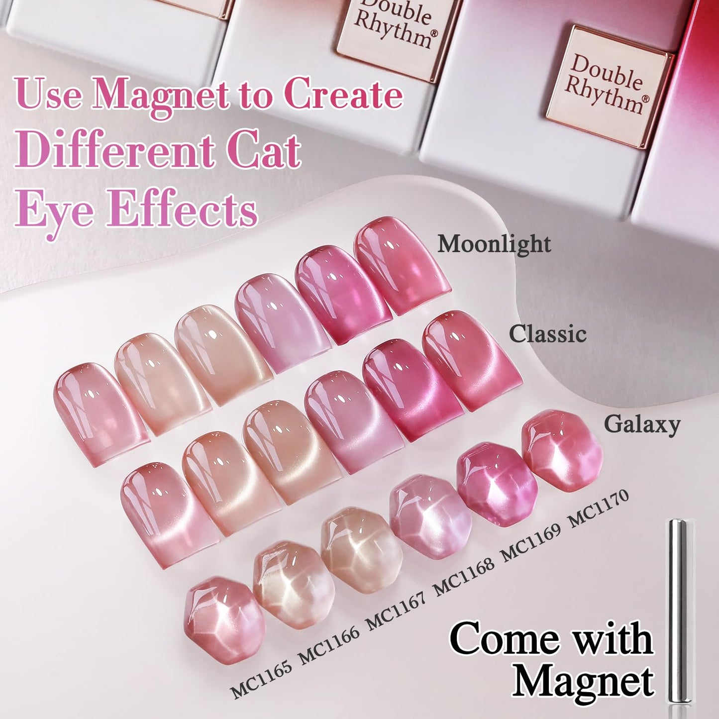 Double Rhythm Cat Eye Gel Nail Polish Set of 6 Same Color Same Bottle 0.5 Oz Shimmer Glitter with Magnet Holographic Reflective Magnetic UV Nail Polish Kit at Home (Nude Pink Rose-T6-30)