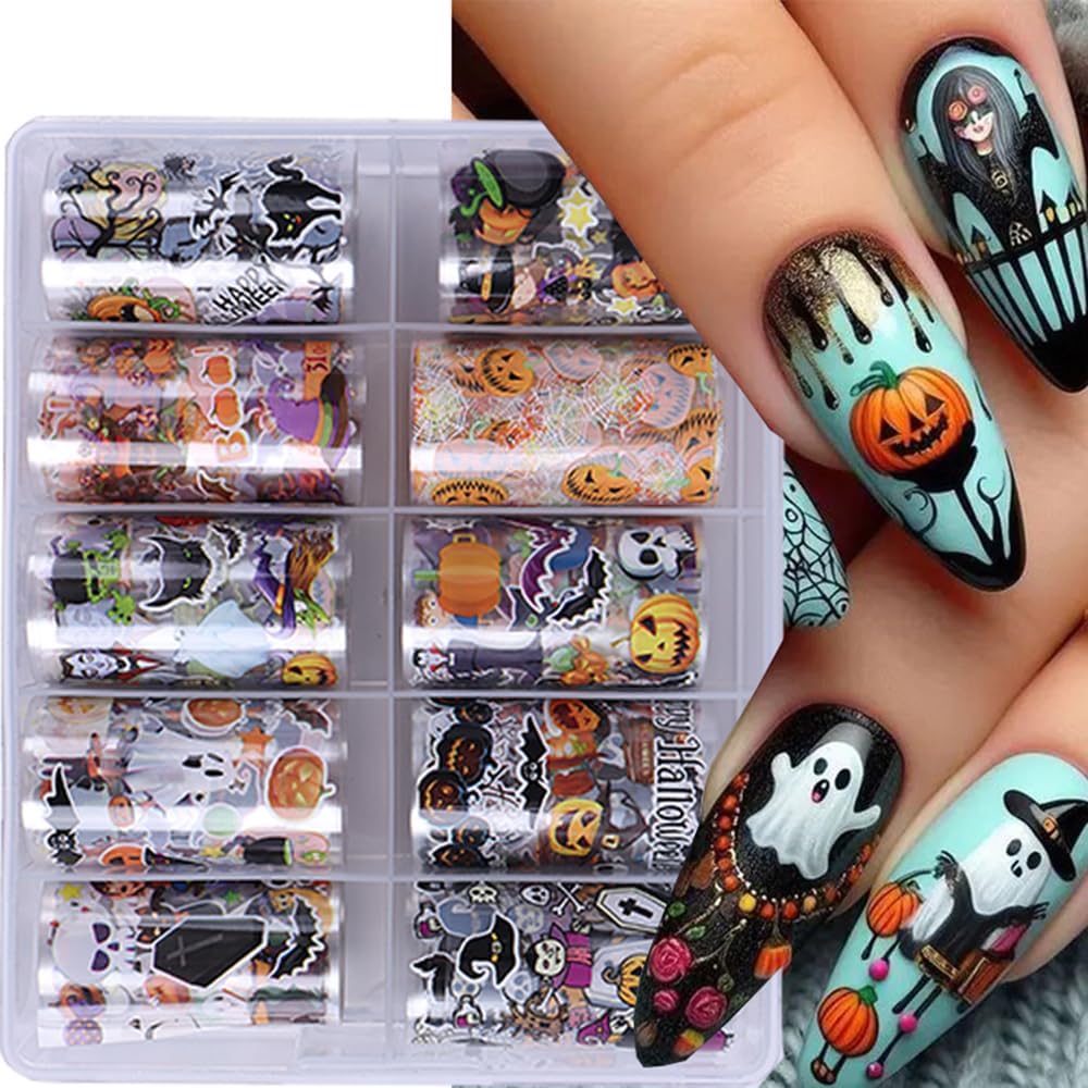 10 Rolls Halloween Nail Foil Transfer Stickers Decals, Kawaii Halloween Nail Polish Sheets Sky Starry Paper Transfer Foils Cartoon Pumpkin Skeleton Glue Women Manicure Nail Film Decorations