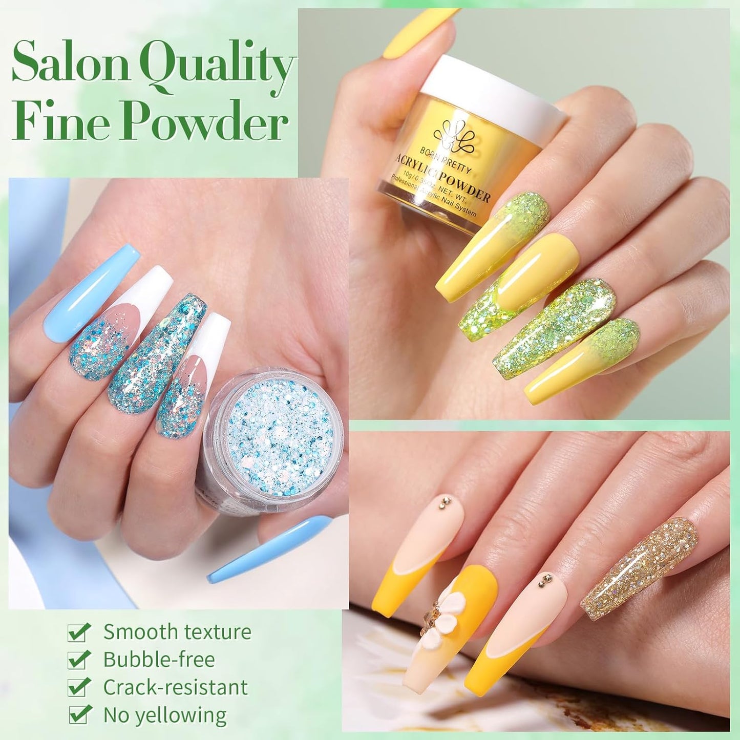 BORN PRETTY Acrylic Powder Set 36 Colors Spring Summer Acrylic Nail Powder Nude Pink Red Green Blue Purple Professional Polymer 3D Acrylic Nail Art Kit for French Nails Extension Nail Carving