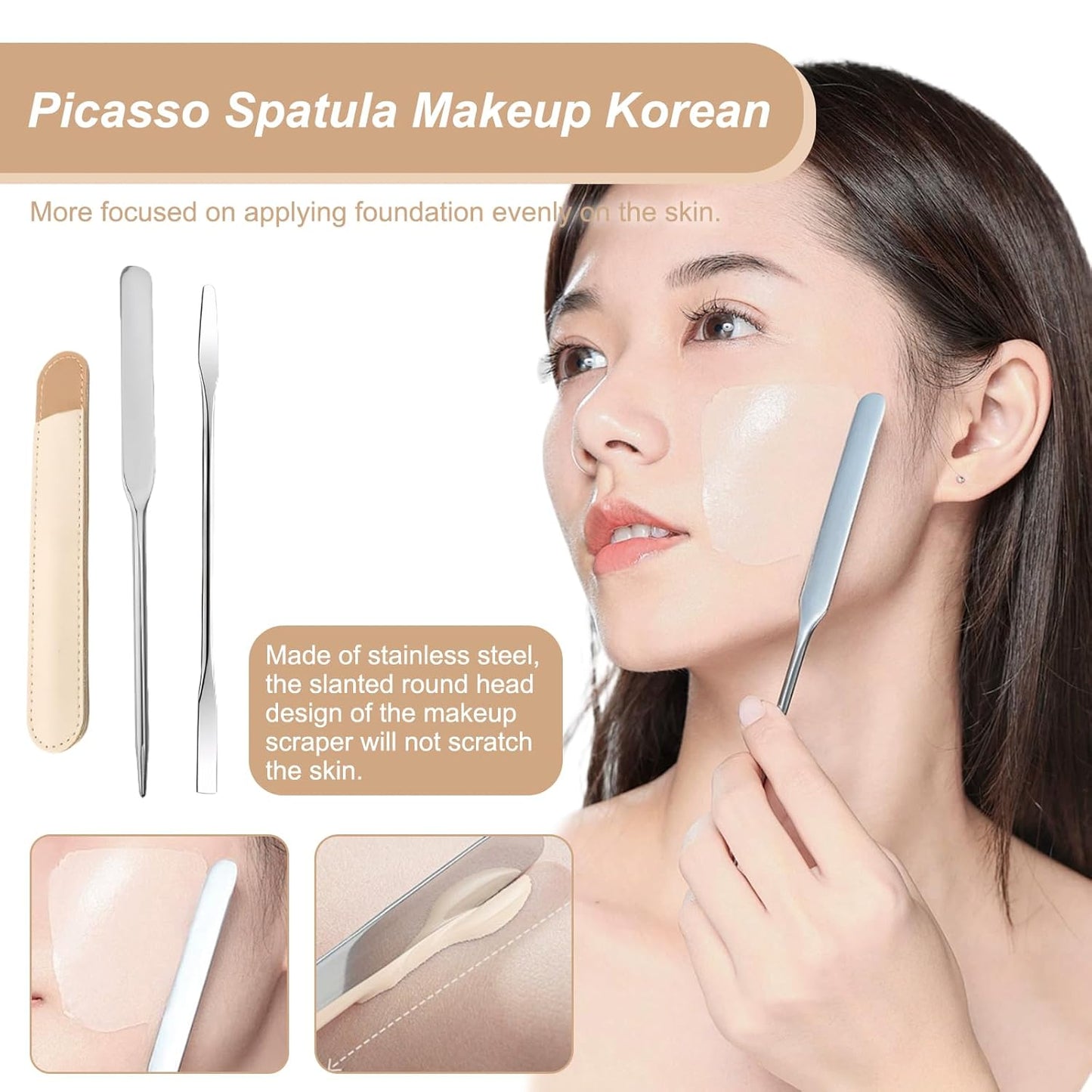 2 PCS Makeup Spatula Set, Acrylic Makeup Mixing Palette, Stainless Steel Foundation Spatula, Reusable for Mixing Eyeshadow/Lipstick/Nail Art/Foundation (with Foundation Spatula, Powder Puff)