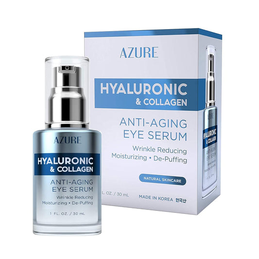 AZURE Hyaluronic & Collagen Anti Aging Eye Serum - Moisturizing, Replenishing & De-Puffing | Reduces Wrinkles, Fine Lines & Under Eye Bags | Locks In Moisture Hydrating Skin | Made in Korea - 30mL