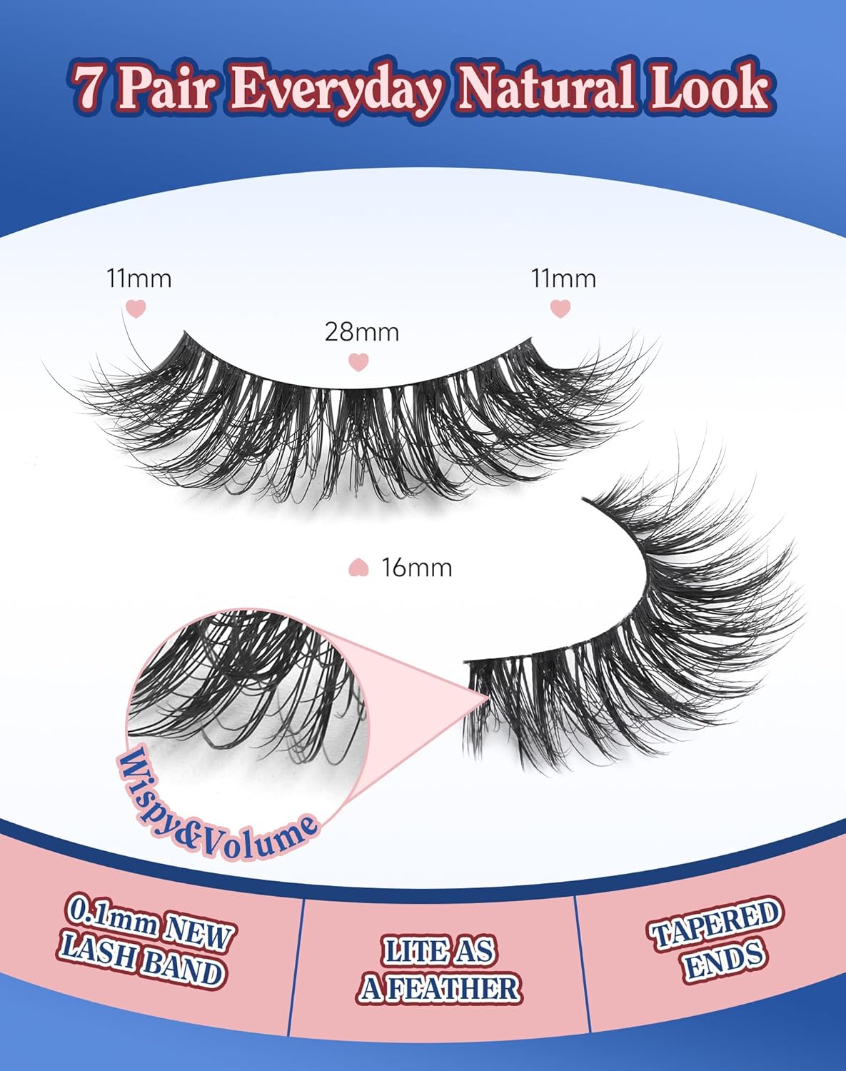 Lashes Volume False Eyelashes Wispy Natural Look Everyday Flared Strip EyeLash Fluffy Lash Long Soft Round-Eye Pack 16MM 7 Pairs D89