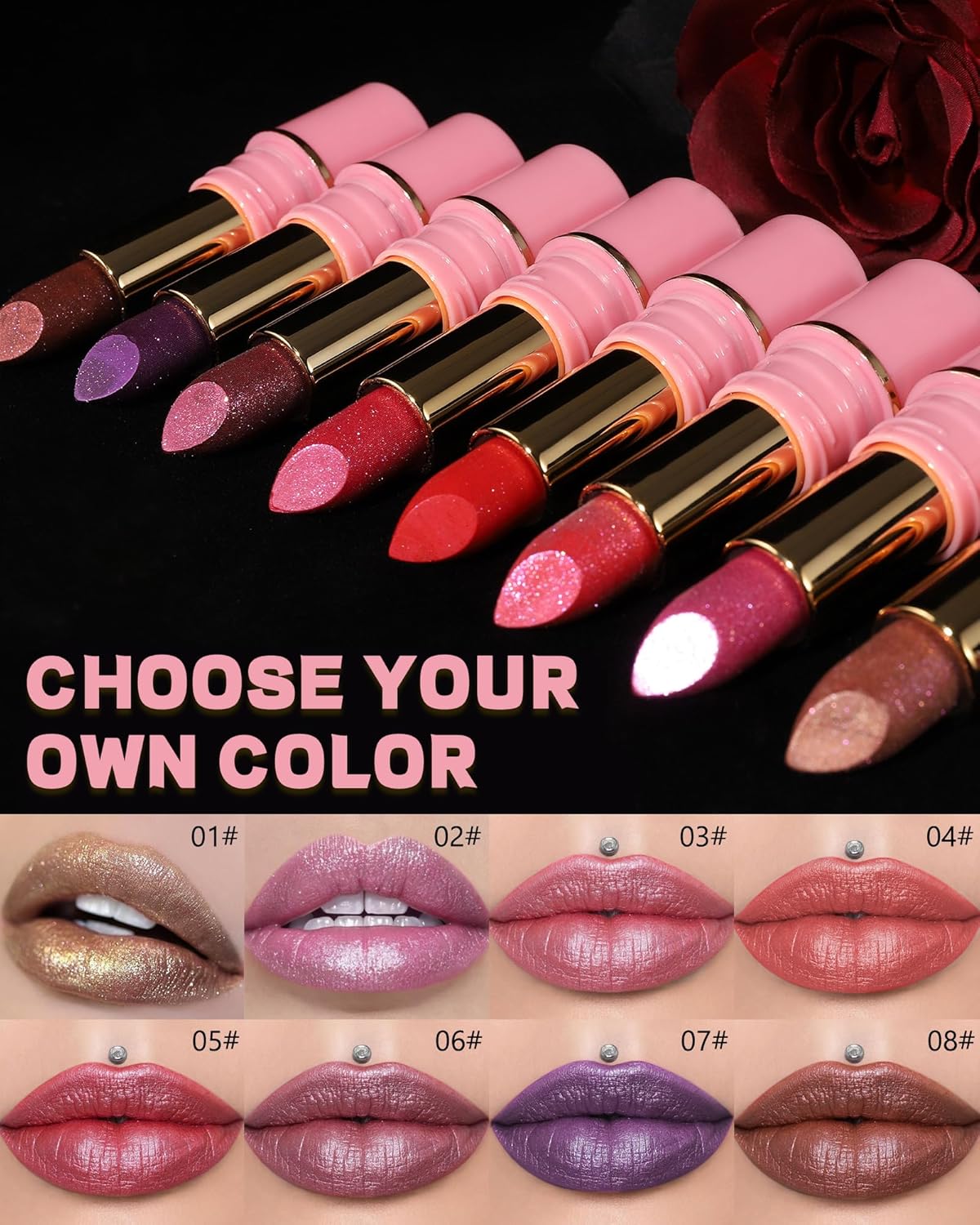 Glitter Metallic Shimmer Lipstick Long Lasting,Glitter Diamond Shine Red Color Matte Lipstick Transfer Proof Non-Stick Lip Gloss Shimmer Highly Pigmented Full Coverage Lip Makeup for Women-01