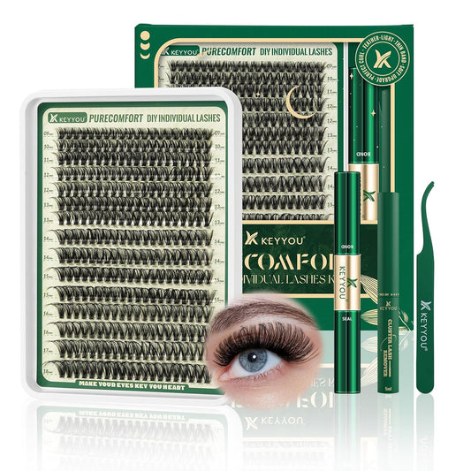 KEYYOU DIY Lash Extension Kit 300pcs 80D D Curl Soft Lash Clusters Easy to Apply with Lash Bond and Seal Applicator and Remover Eyelash Extension Kit at Home(RMkit-80D-D-9-18mix)