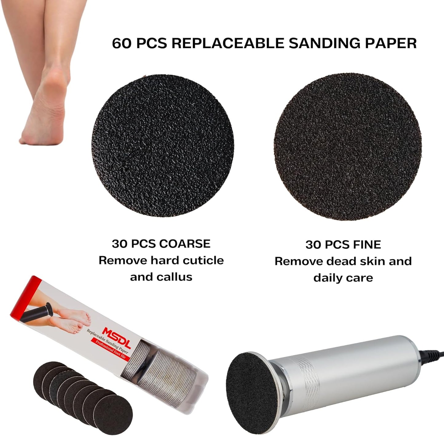 High Power Electric Foot Callus Remover, 2025 Upgrade with 100-inch Extra-Long Cord and 60 Replaceable Sandpaper Discs, Electric Foot File for Cracked Heels and Dead Skin, Silver