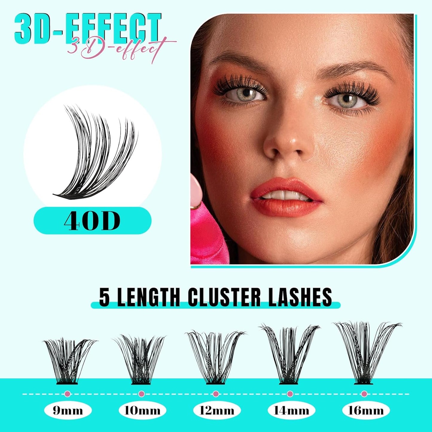 Lash Extension Kit 200PCS Lash Clusters Mix Eyelash Extension Kit with Waterproof Lash Bond and Remover,Individual Lashes with Lash Tweezers for Beginners at Home(40D,D-Mix9-16mm)