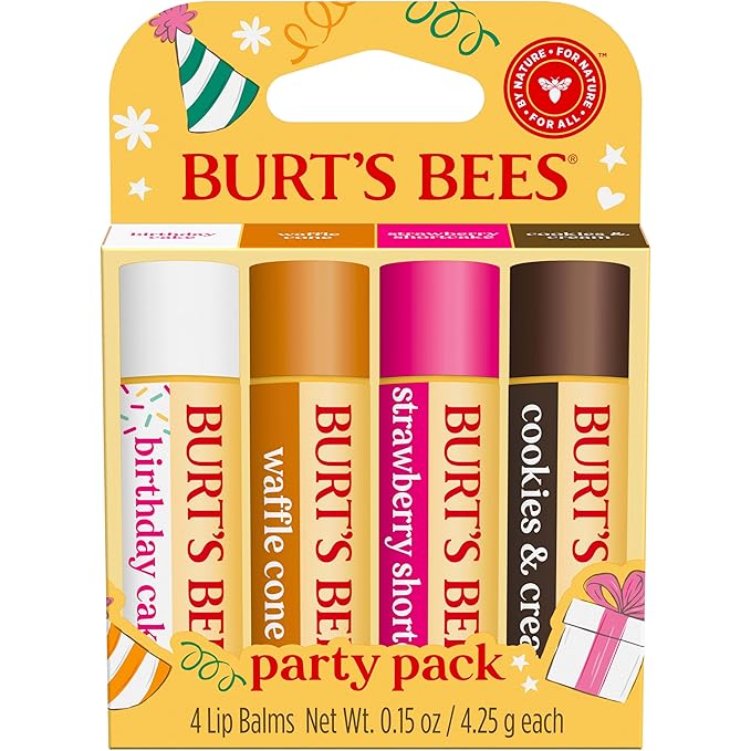 Burt's Bees Lip Balm Party Pack - Birthday Cake, Waffle Cone, Strawberry Shortcake, and Cookies & Cream, All Day Moisturizer, Tint-Free, Natural Origin Conditioning Lip Treatment, 4 Tubes, 0.15 oz.
