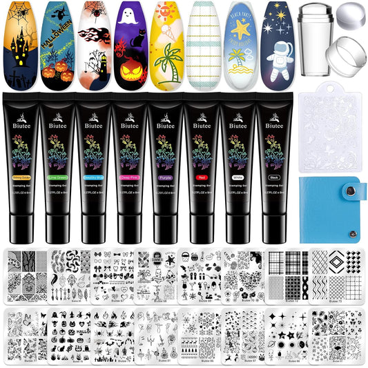 Biutee Nail Stamping Kit 12Pcs Nail Art Stamp Plates 8 Colors Stamping Polish Gel Silicone Stamper Scraper with Storage Bag, Nail Stamping Plate Lace Star Rose Plaid Template Halloween Design Gift