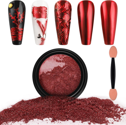 Artdone Chrome Nail Powder,Red Iridescent Aurora Powder Metallic Mirror Effect Pigment Pearlescent Mermaid Pigment Pearl Glitter Dust Kit, Nail Art Decoration, Resin Craft