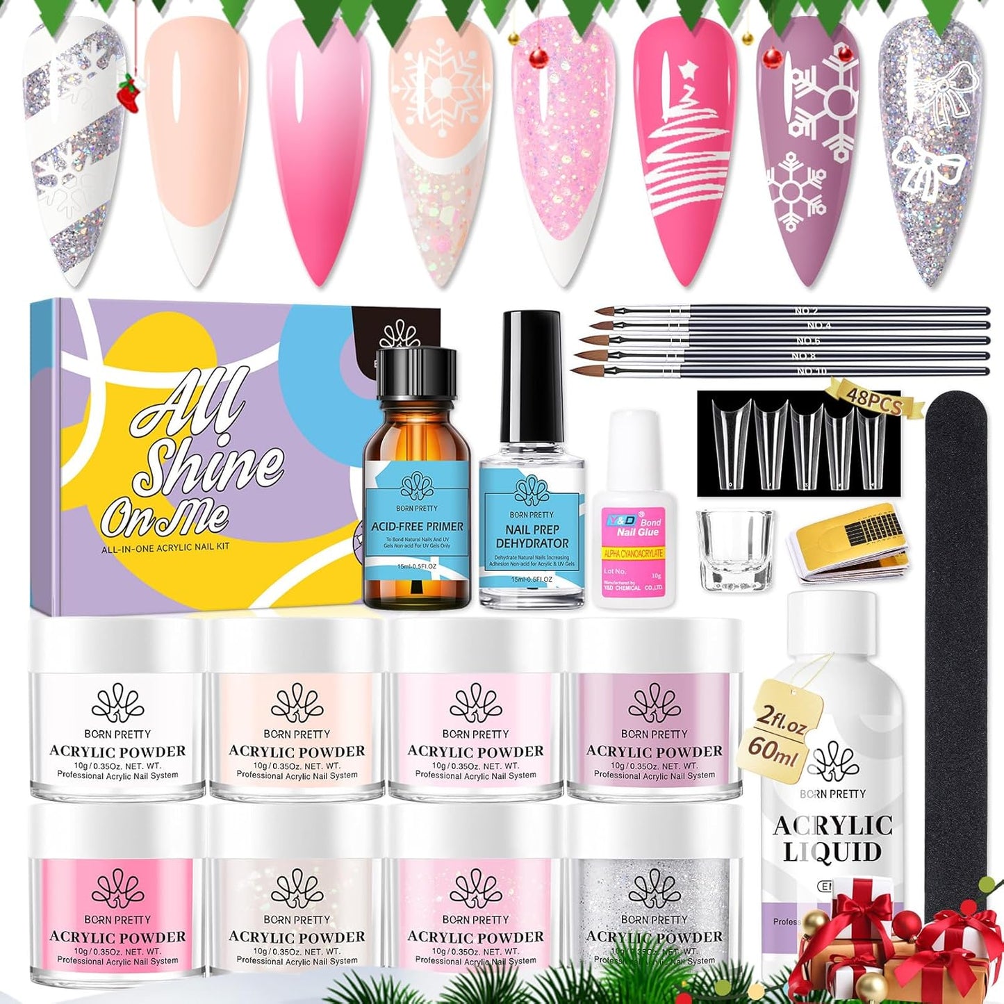 BORN PRETTY Acrylic Nail Kits Full Set,87PCs Pink White Clear Glitter Grey Acrylic Powder and Liquid Set for Beginners,with Nail Pre Dehydrator Nail Primer Nail Tips