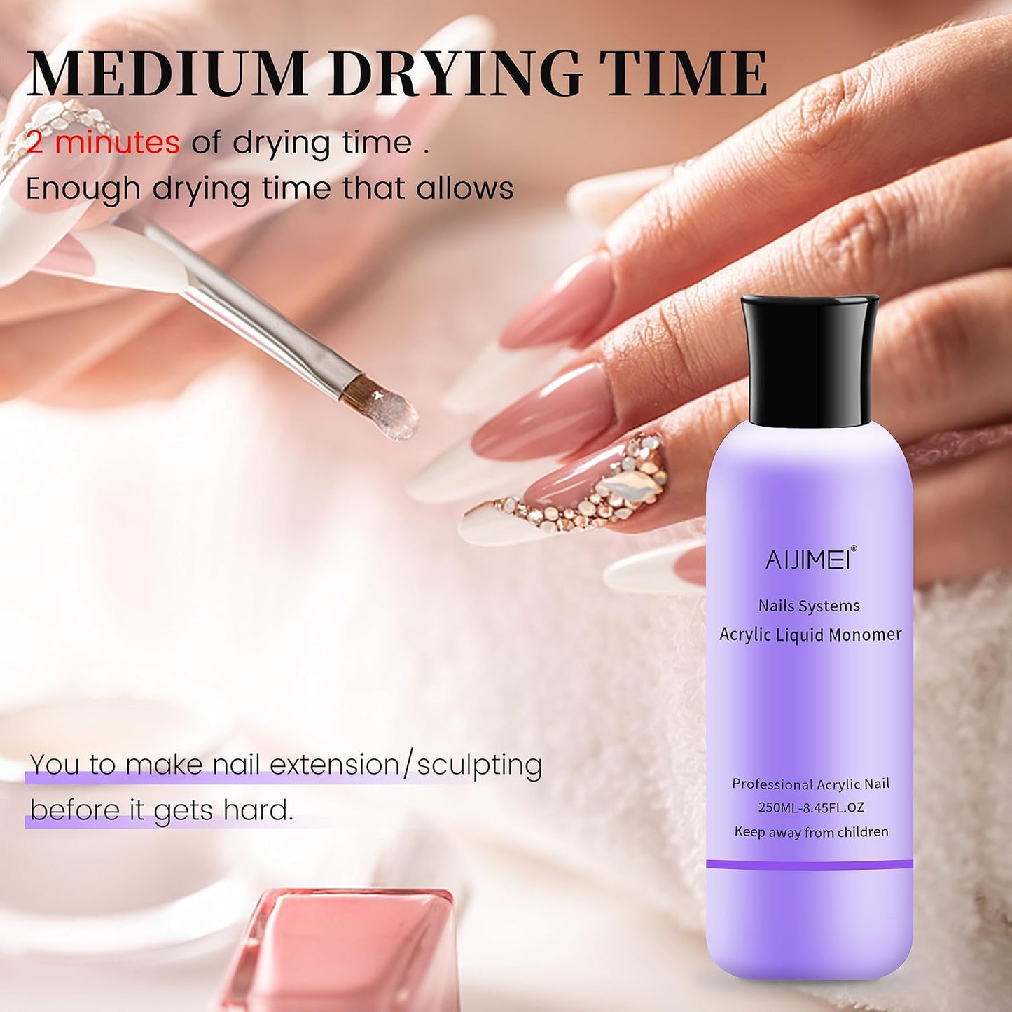 AIJIMEI Acrylic Liquid Monomer 250ML/8.5FL.OZ with 3PCS Acrylic Nail Brushes for Acrylic Powder Acrylic Nail Liquid Monomer For Acrylic Nails For Nails Powders & Liquids