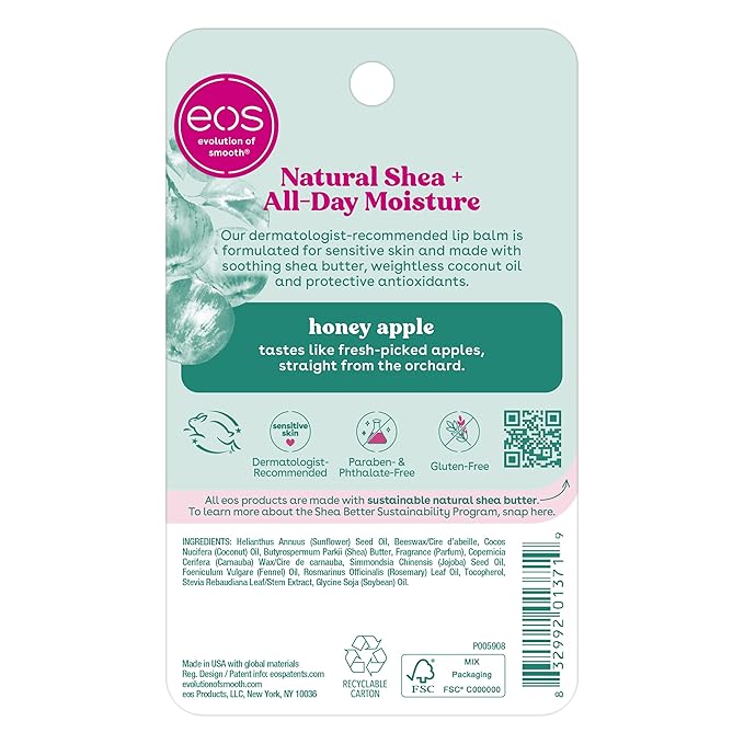 eos Natural Shea Lip Balm- Honey Apple, All-Day Moisture, Made for Sensitive Skin, Shea Lip Care Products, 0.25 oz (Pack of 2)